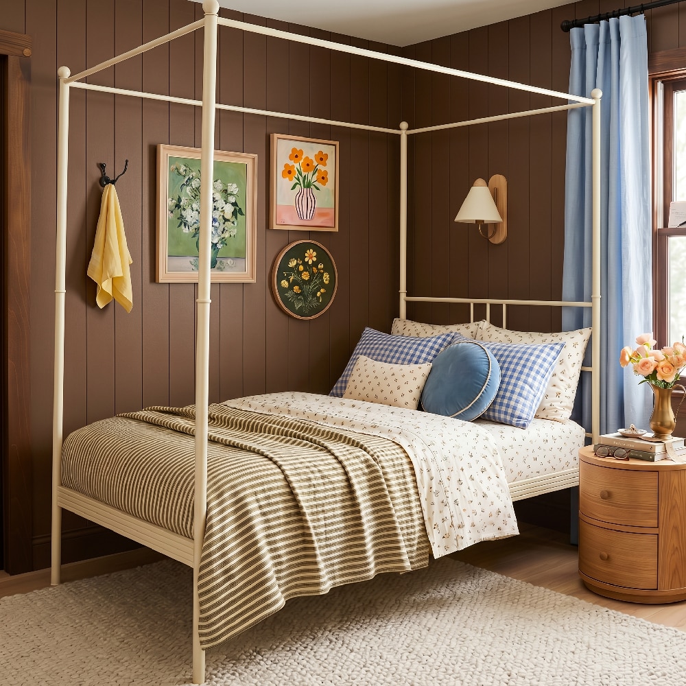 Perryn Four Poster Metal Non Storage Single Bed in Glossy Ivory Finish - Original Bed Co.