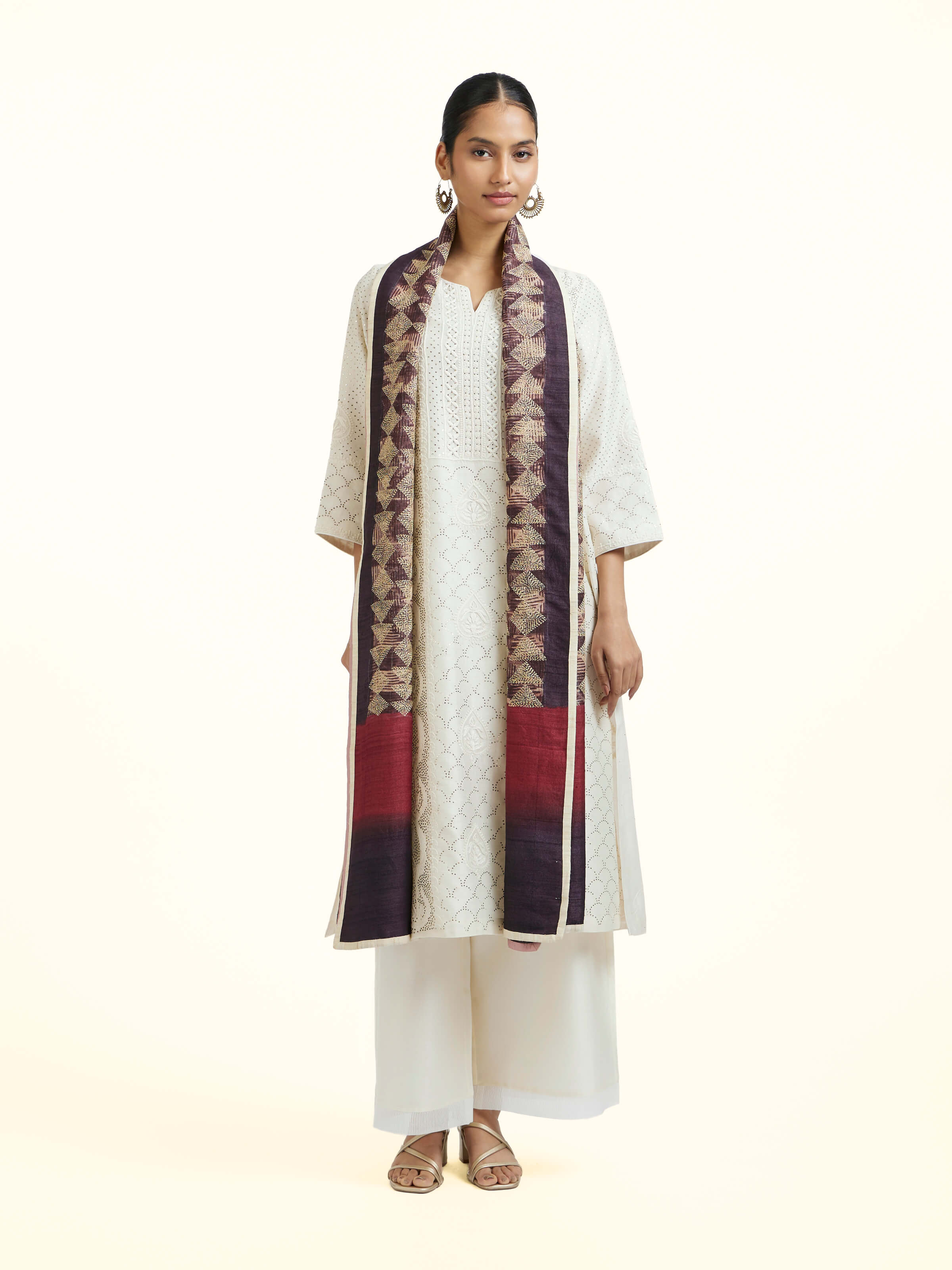 Grey Silk Kantha Hand Embroidered Dupatta