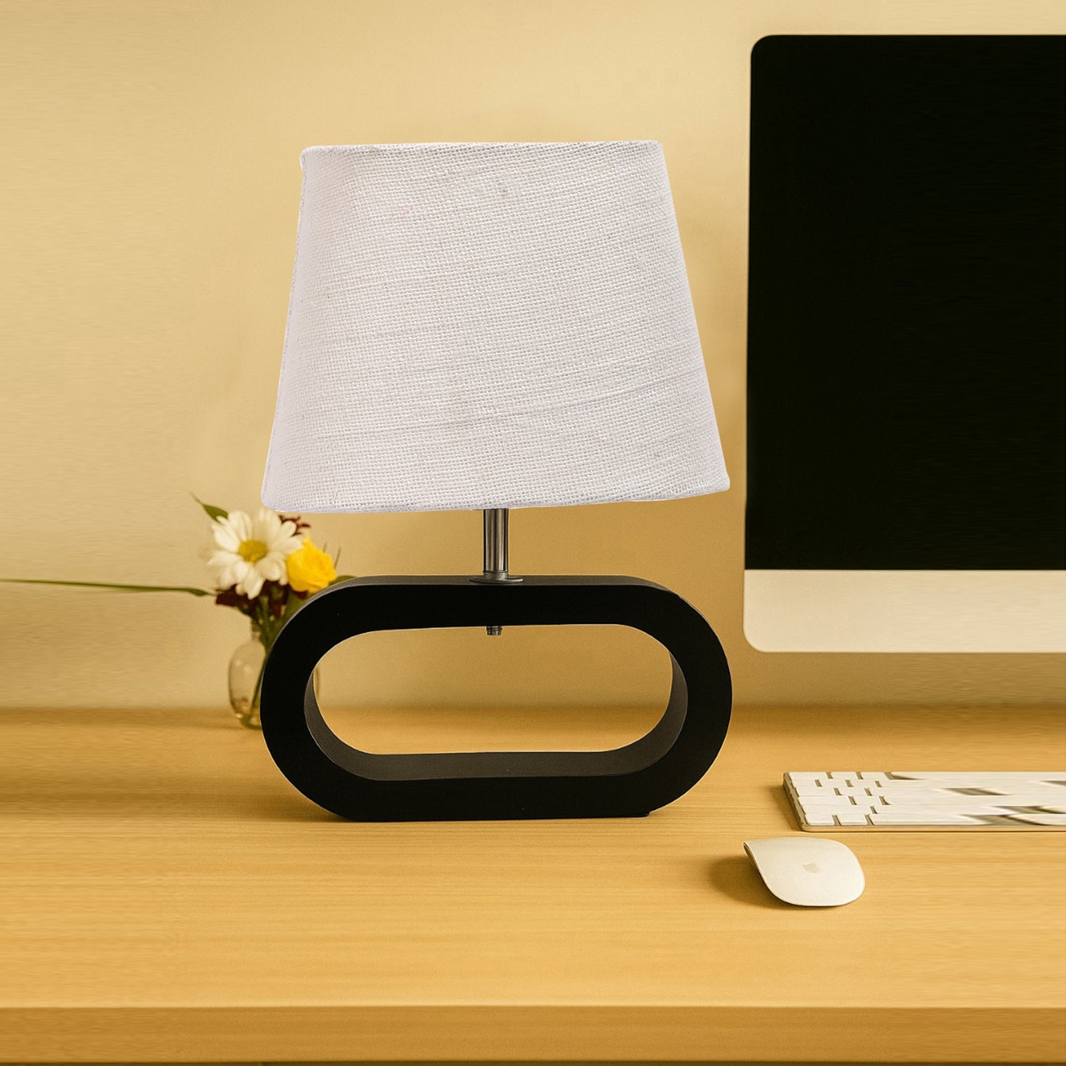 Devansh White Jute Table Lamp With  Wood Black Base -10