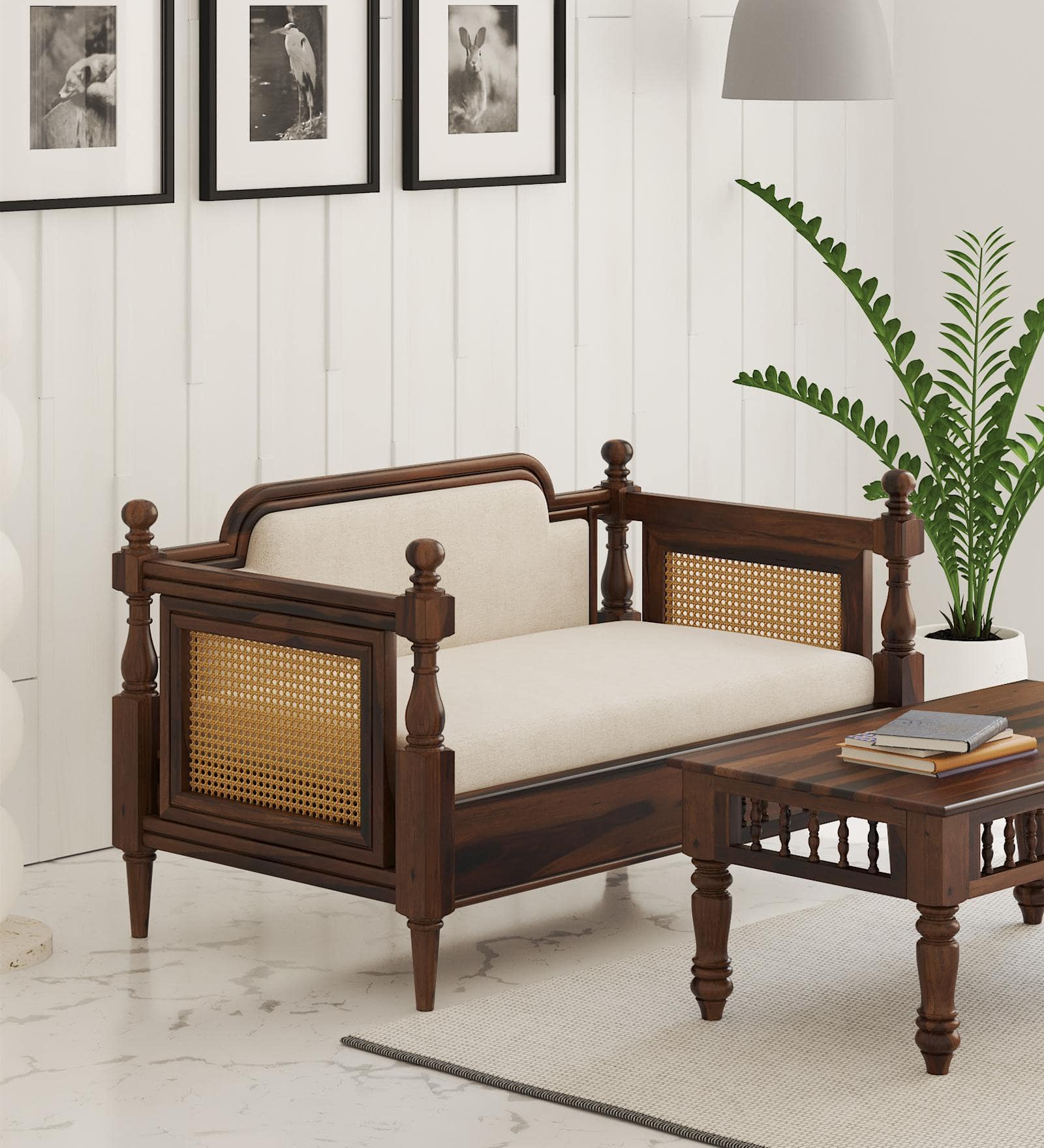 Rattan Solid Wood 2 Seater Sofa in Provincial Teak Finish
