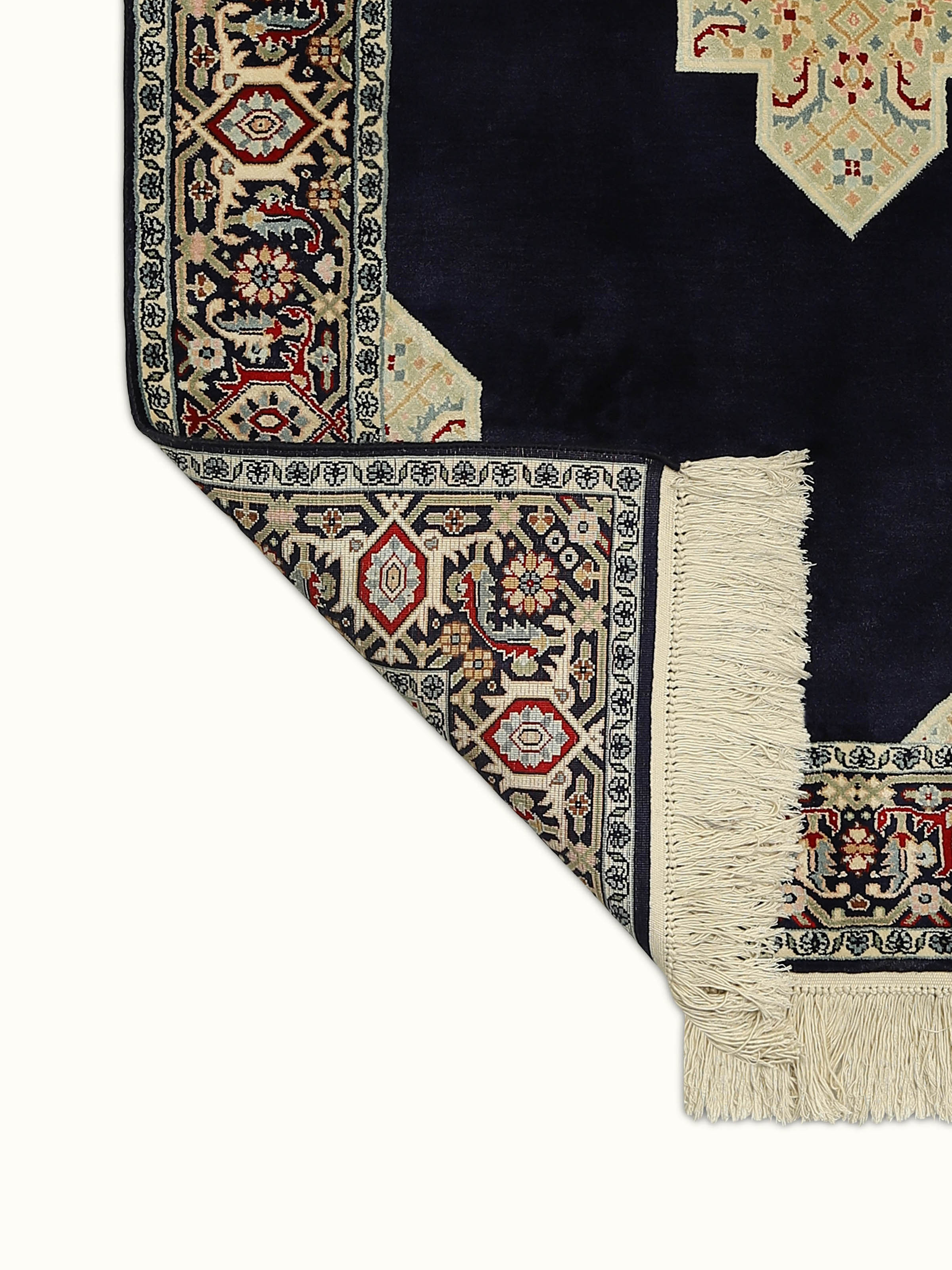Traditional Persian Open Field Navy Kashmir Silk Hand-knotted Rug
