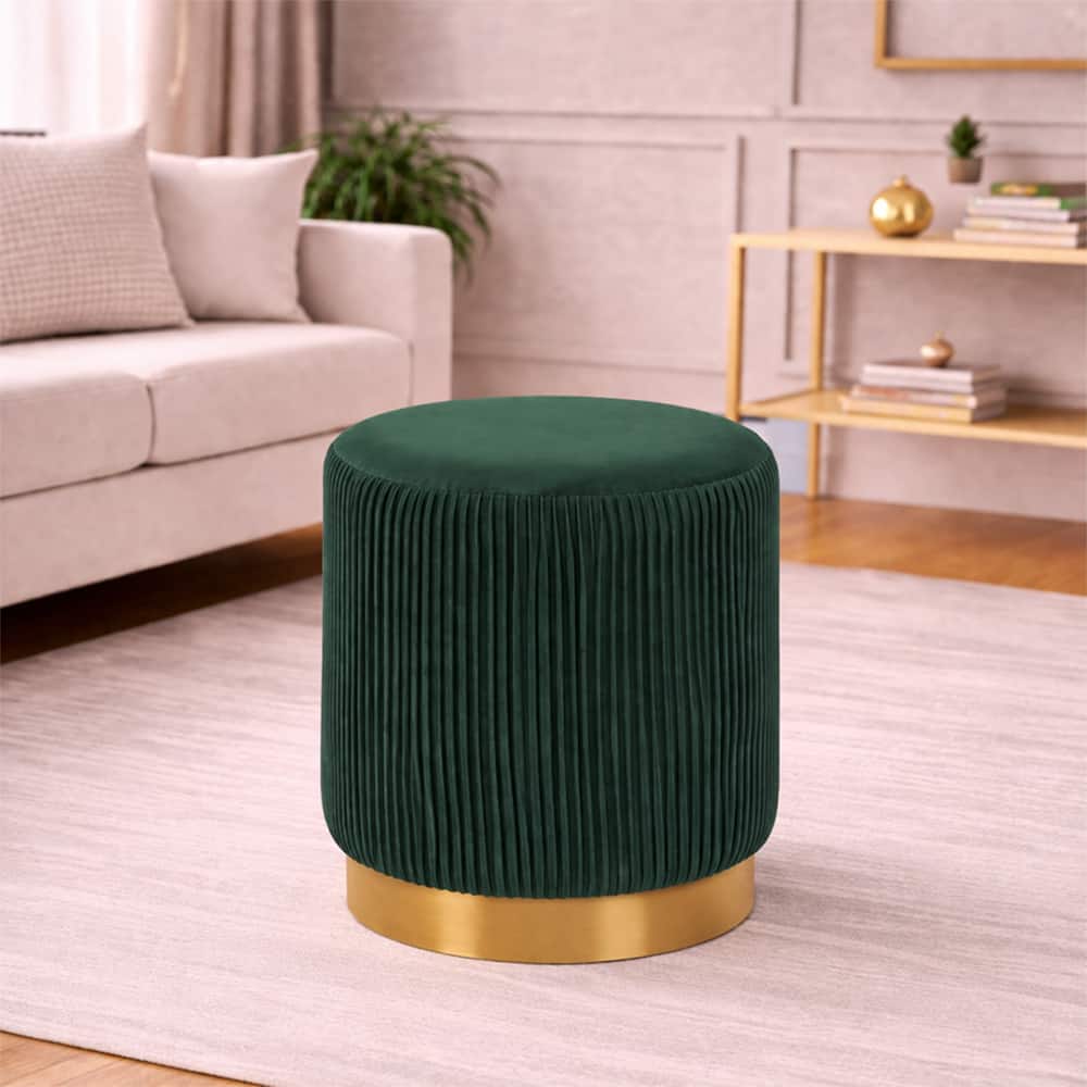 Doe Buck Damato Luxury Velvet Round Ottoman in Green Colour with Gold Base - Doe Buck