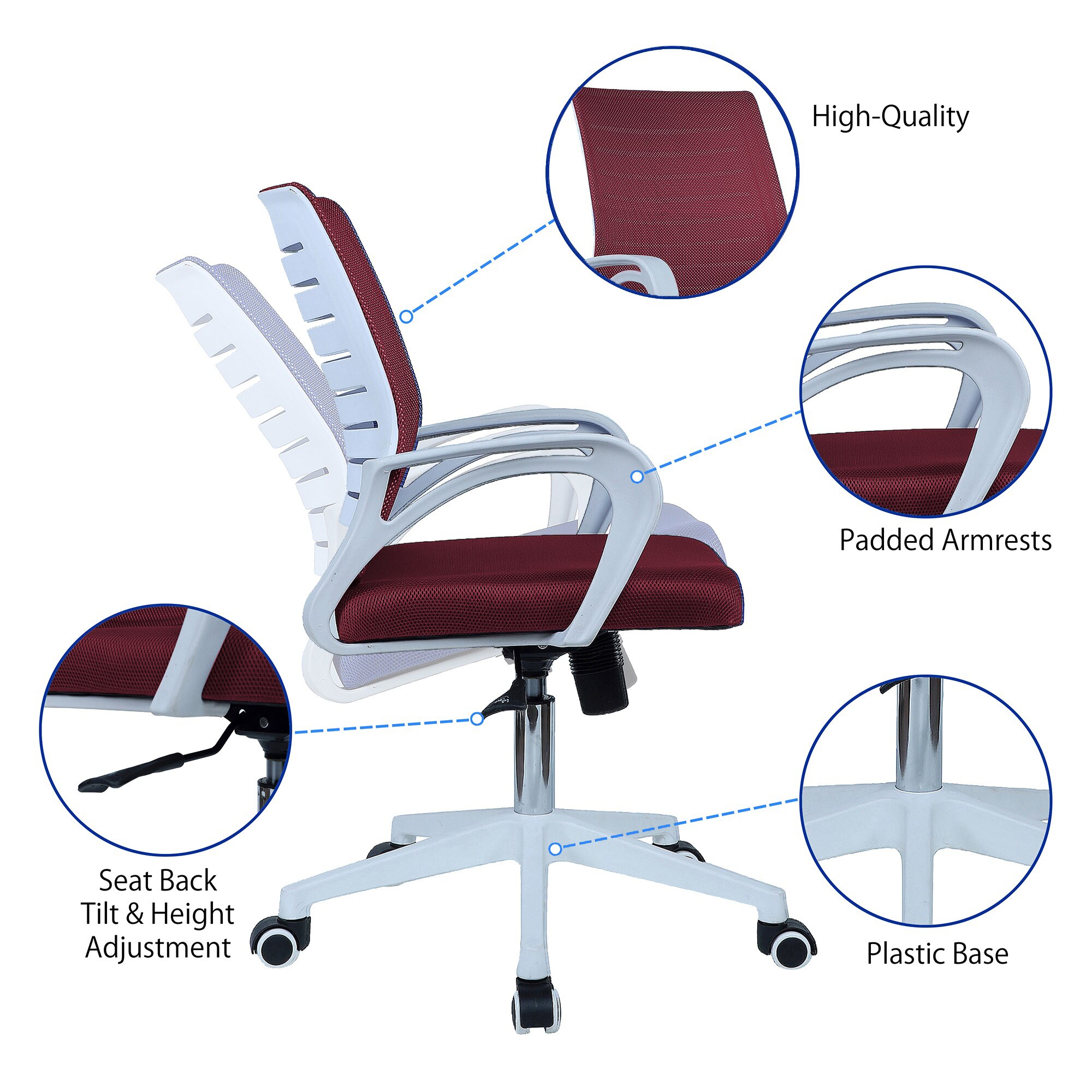 Mmarveal Mid Back Ergonomic Chair in Maroon Colour