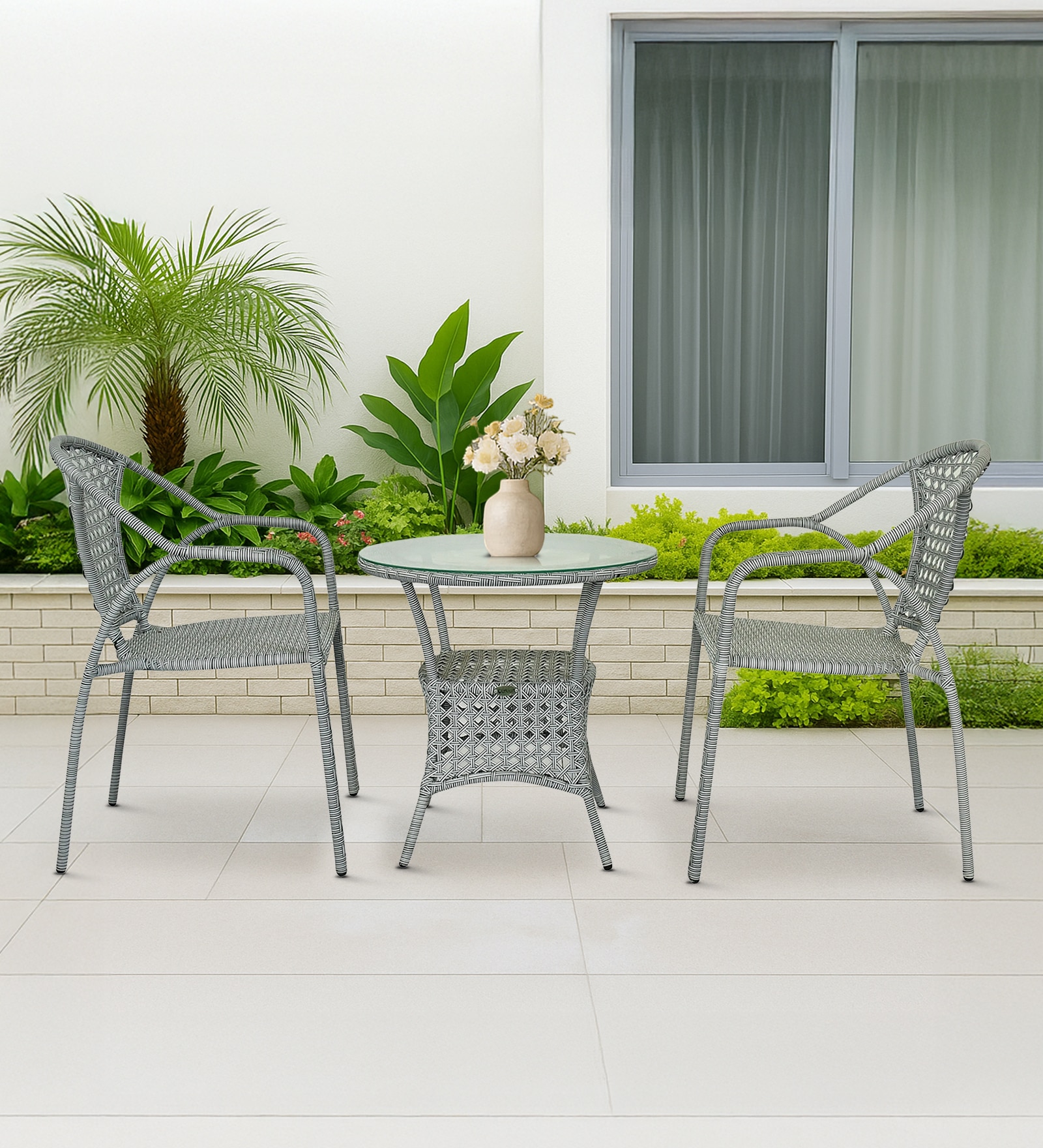 Esperance Wicker Table And Chair Set In White And Black Finish