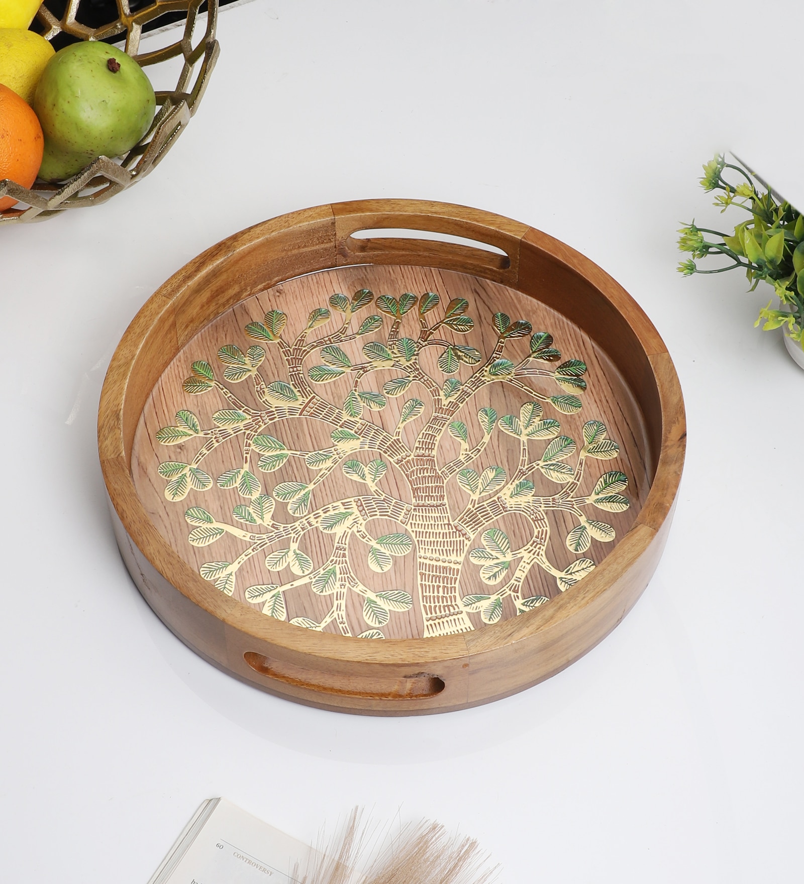 Golden Tree of Life Decorative Tray –Wooden Kitchen Organizer - Small (1 Piece)