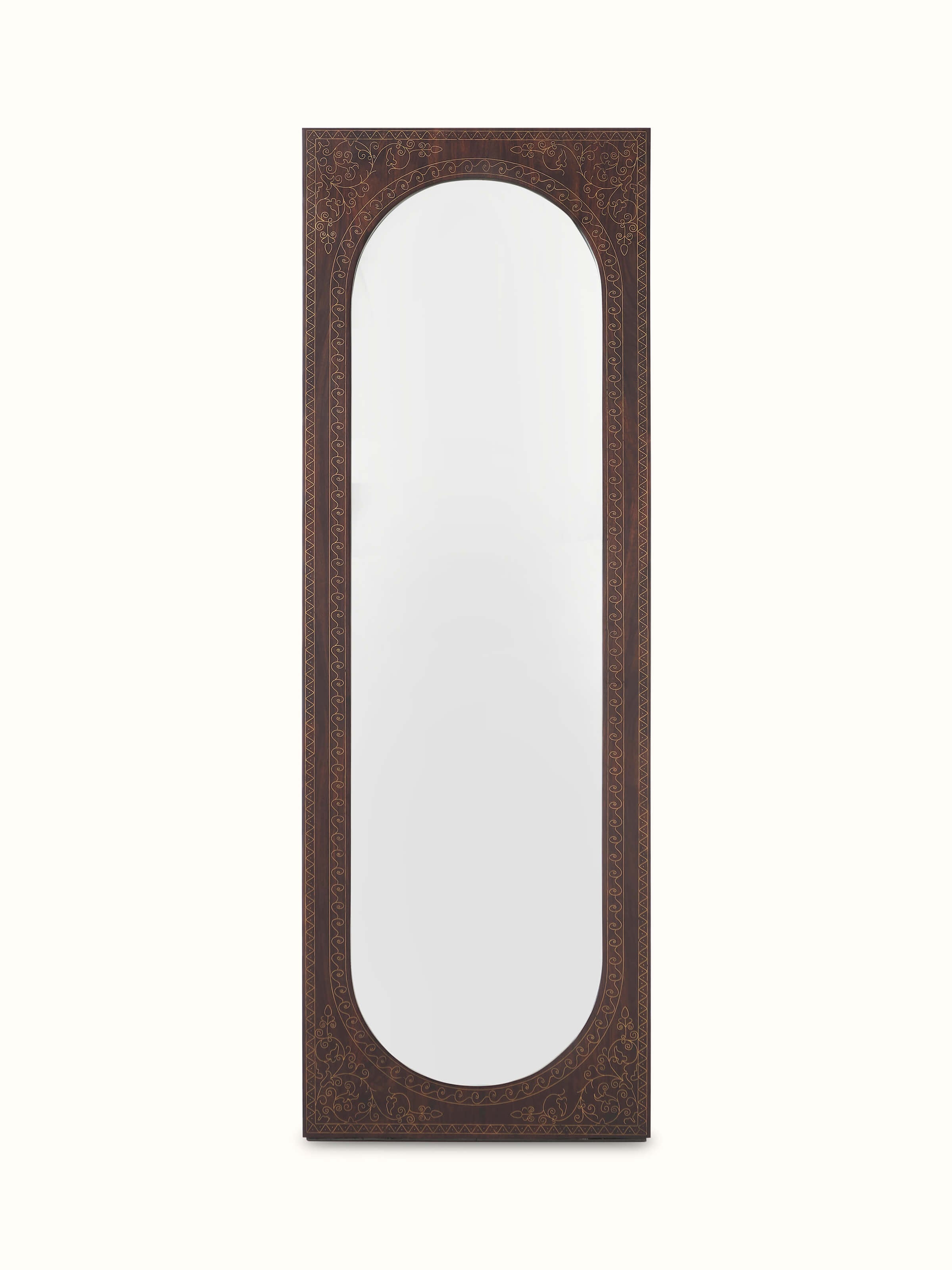 Full-length view of Sheesham Wood & Brass Tarkashi Mirror, highlighting the intricate brass detailing and elegant frame