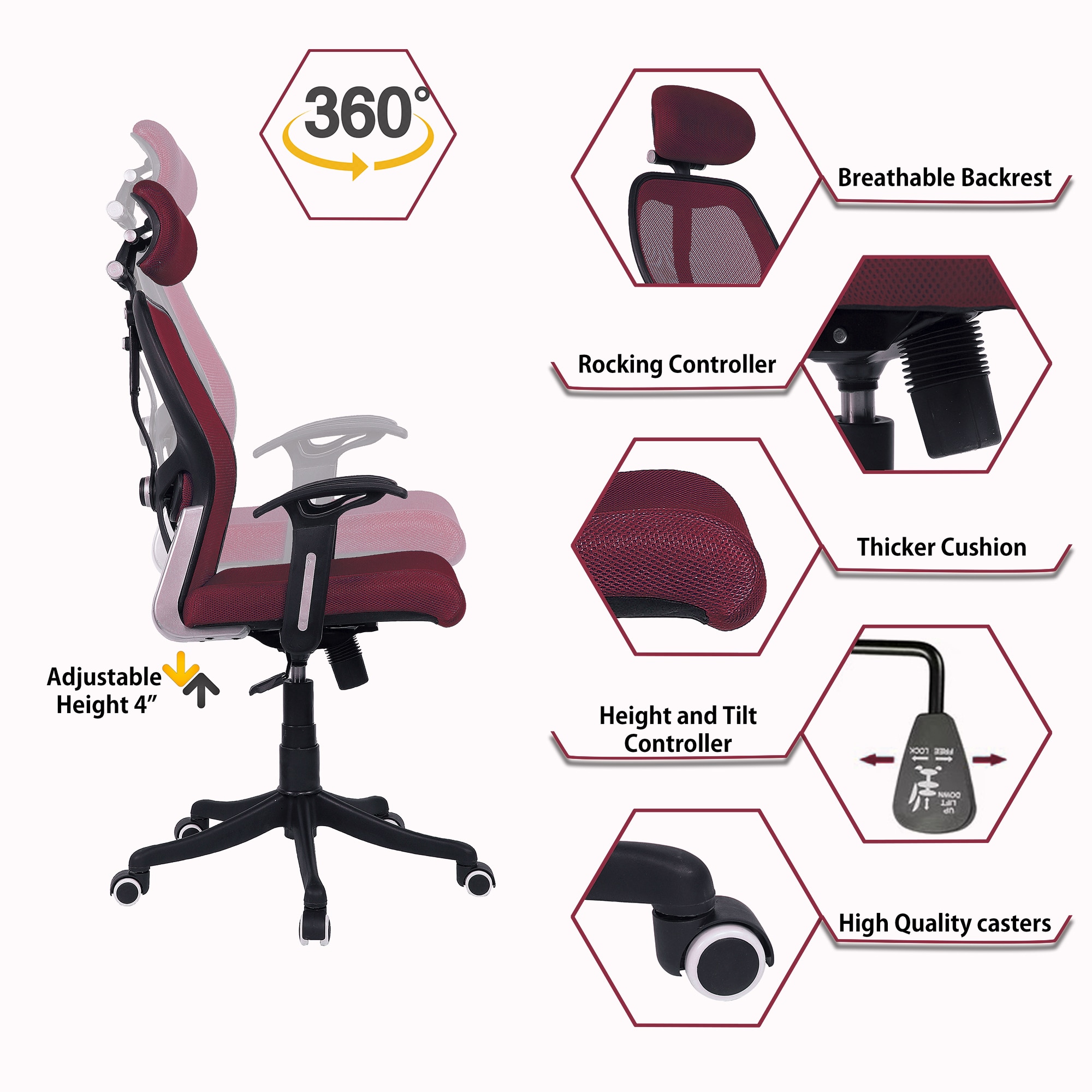 Reaii Mid Back Ergonomic Chair in Maroon Colour