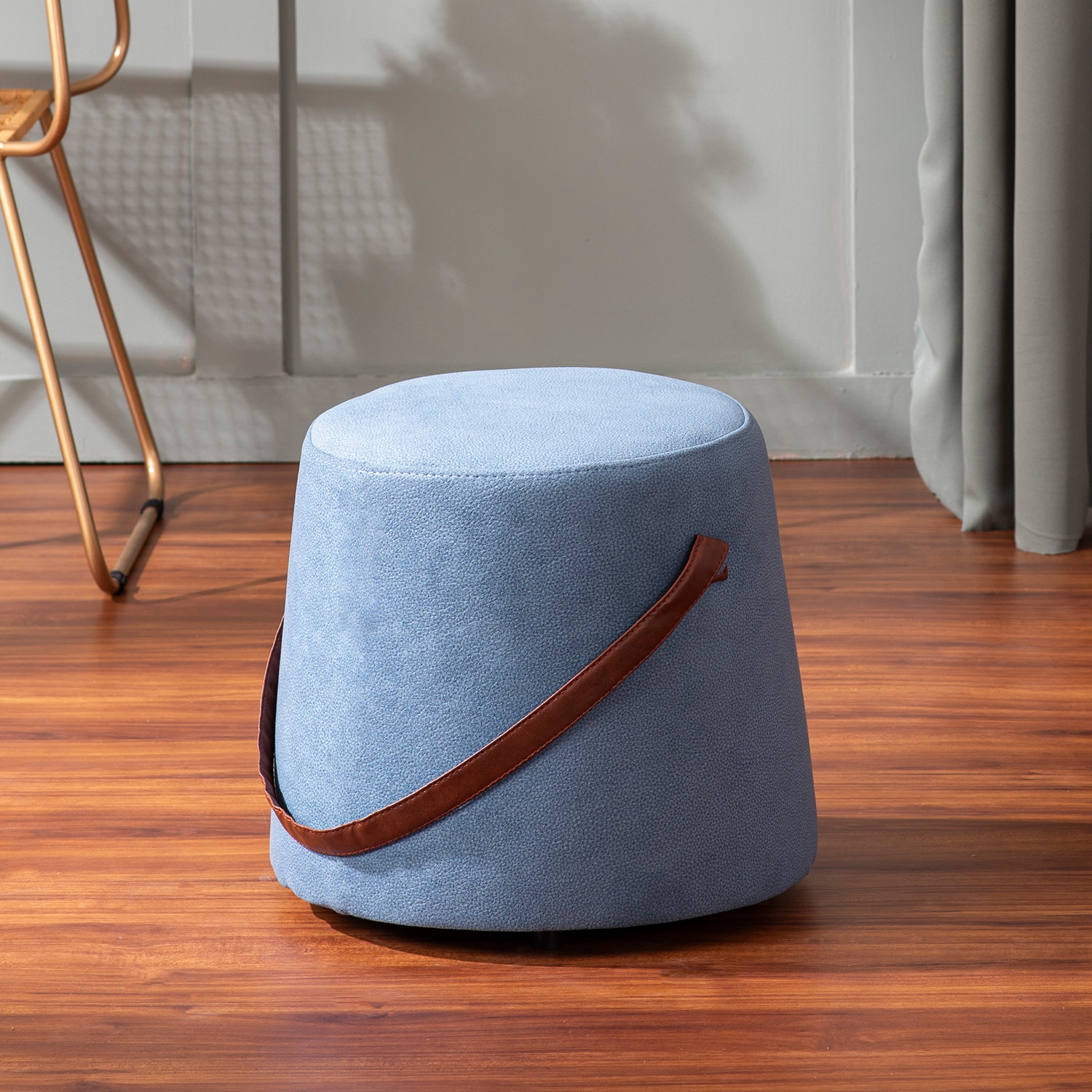 Hoist Collection Light Blue Pouf With Faux Leather Strap - Nestroots