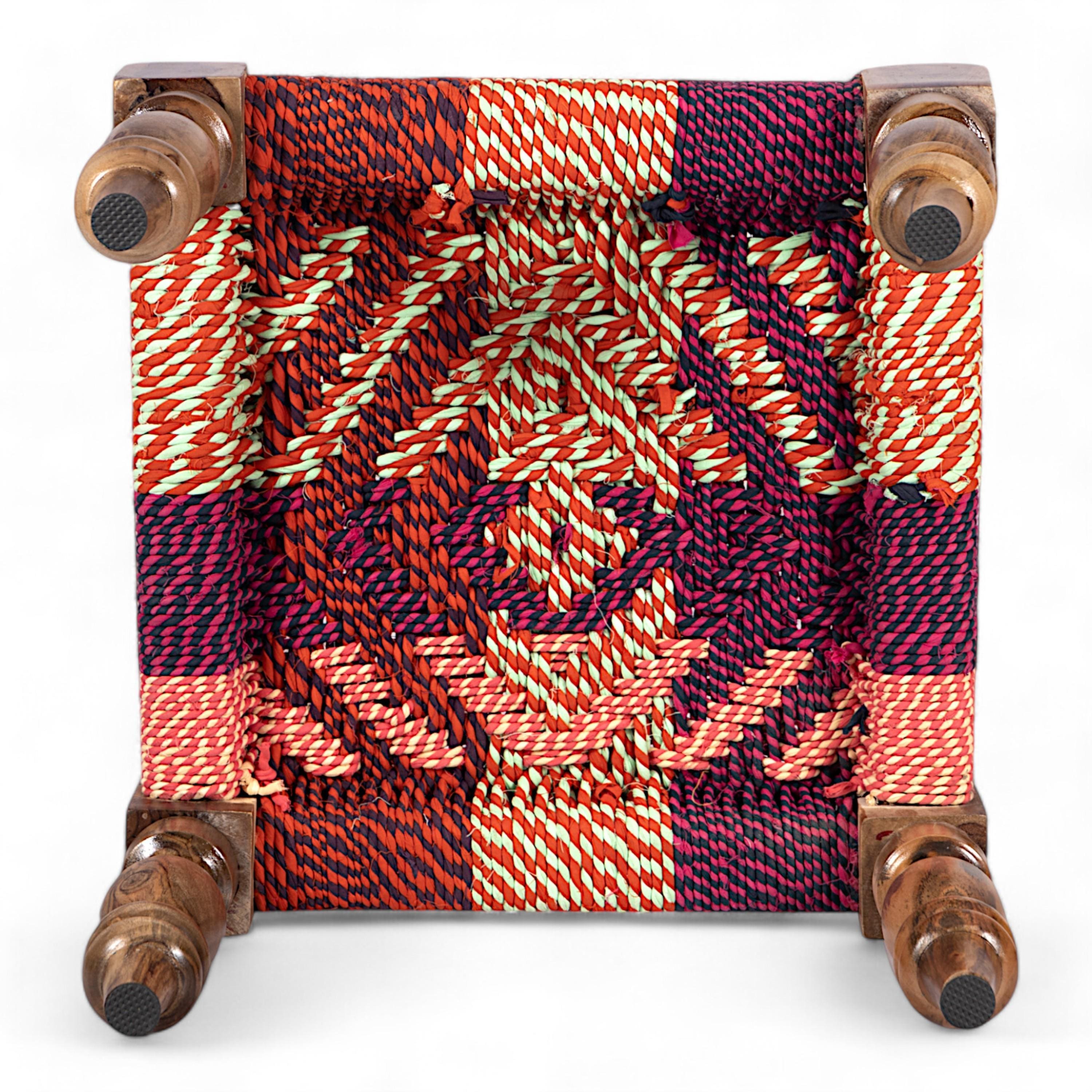 Riaza Sheesham Wood Maachi Stool in Assorted Multi-Colour Chindi Rope Canning