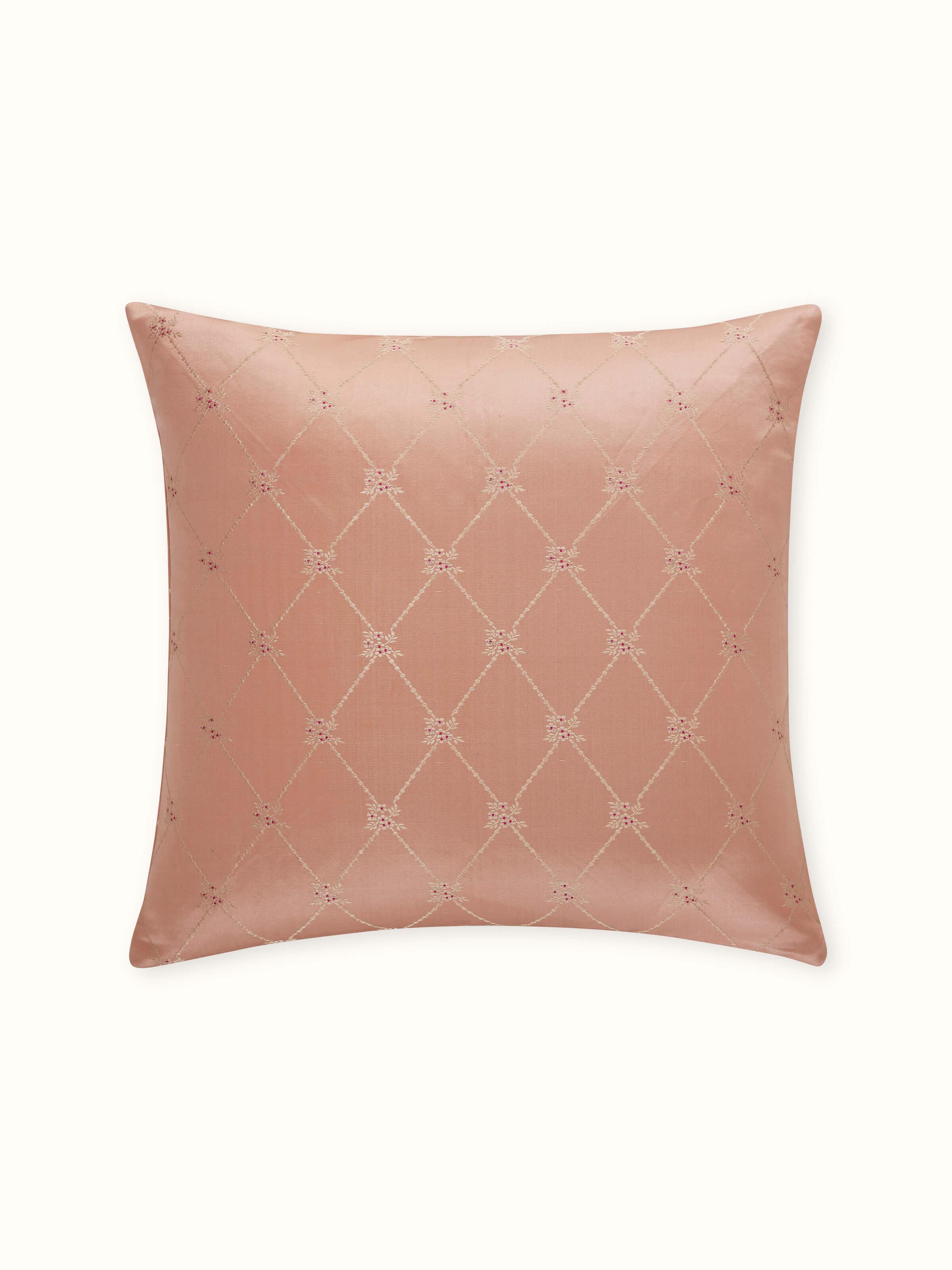 Awadh Peach Banarasi Handloom Silk Cushion Cover