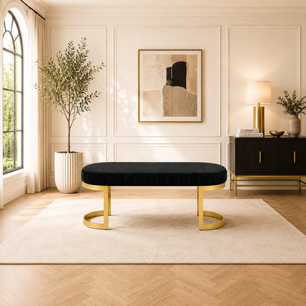 Doe Buck Upholstered Oval Bench in Black Colour with Gold Loop Legs - Doe Buck