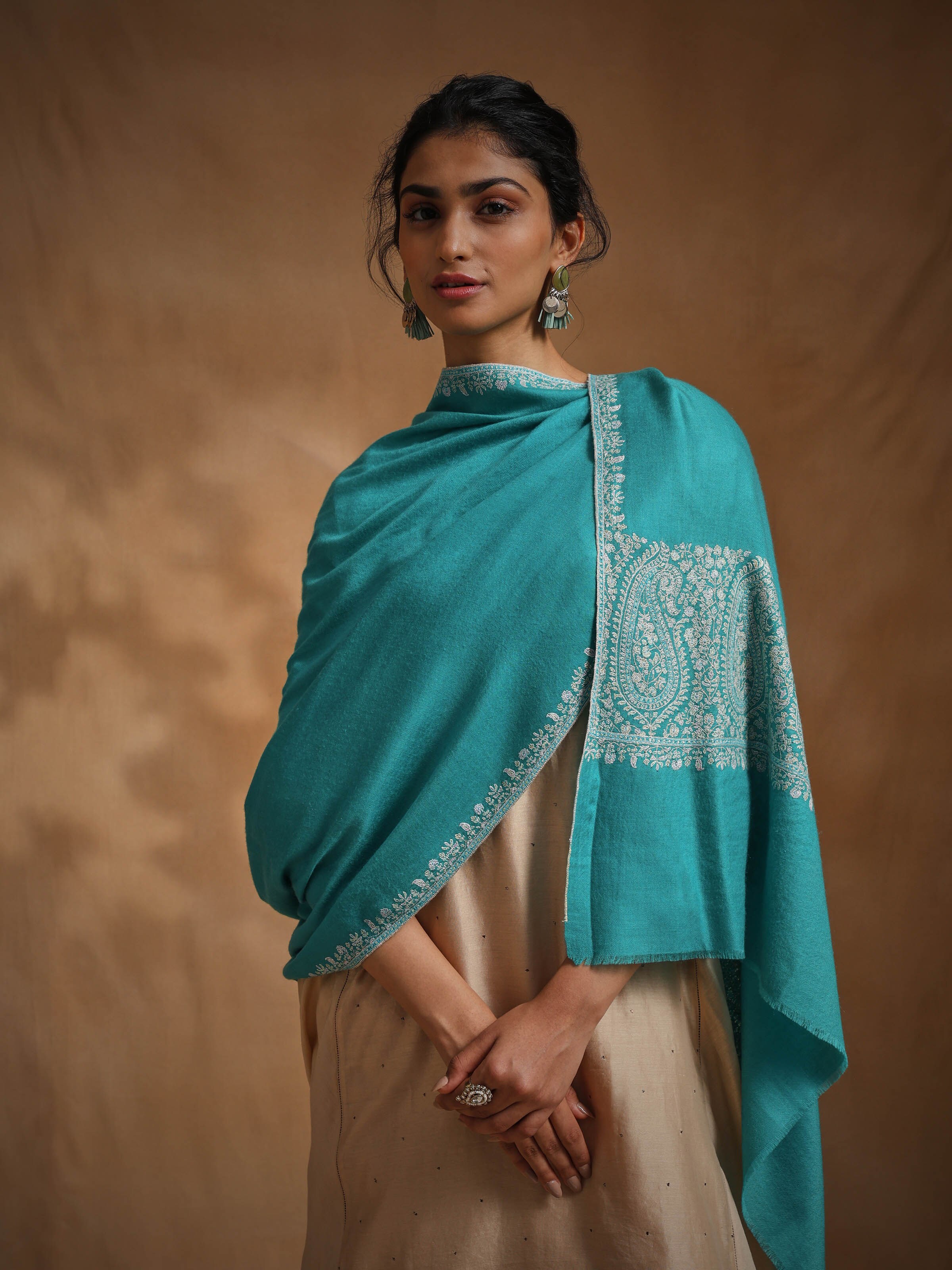 Turquiose Palledar Sozni Embroidered Shawl
