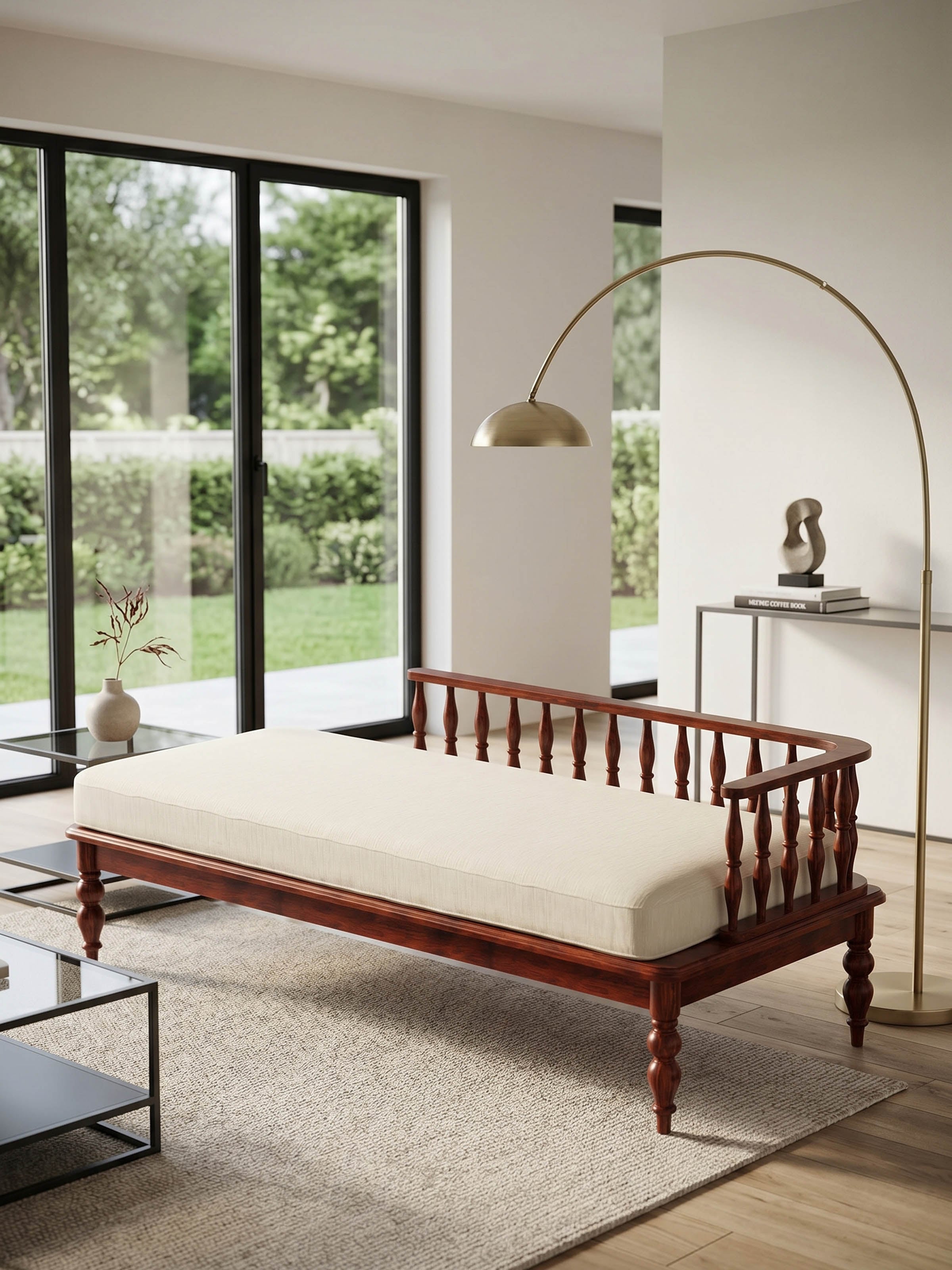 Honey Finish Upholstered Sheesham Wood Daybed