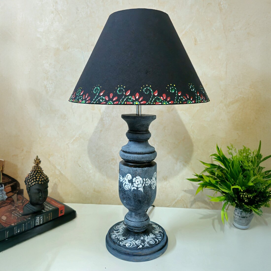 Grey Stone Finish Handpainted And Hancarved Distress Wooden Table Lamp