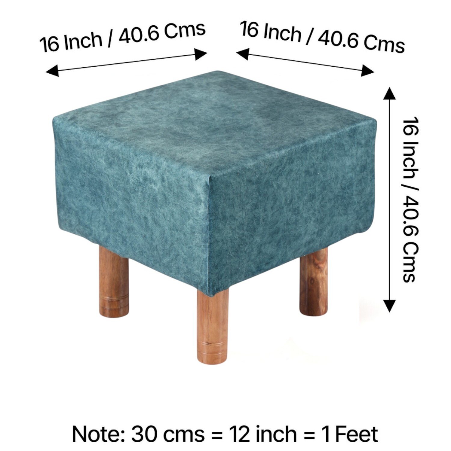 Verona Solid Wood Pouf Stool in Textured Cyan Blue Jackard fabric
