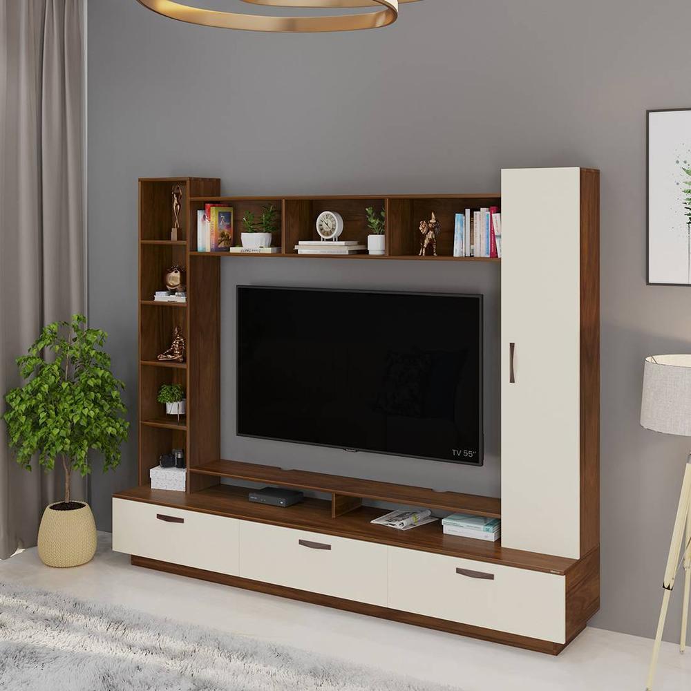 Fenily Engineering Wood TV Entertainment Unit Set Top Box Stand/TV Cabinet with Shelves for Books & Décor Display Unit Bed Living Room Upto 60 Inches (Brown Maple & Beige)