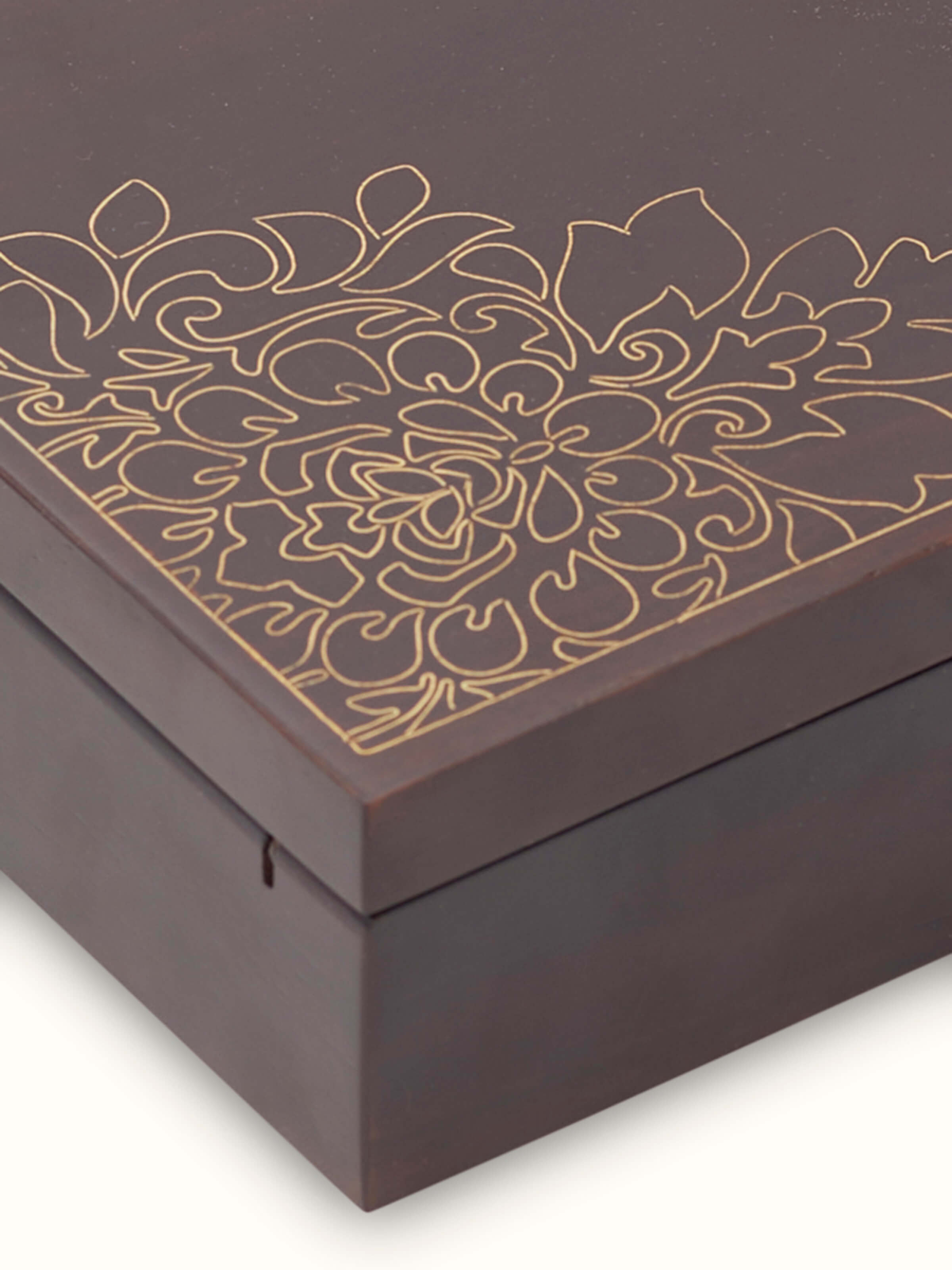 Angled view of Tarkashi Sheesham Wood & Brass Trinket Boxes, emphasizing the elegant wood and brass details