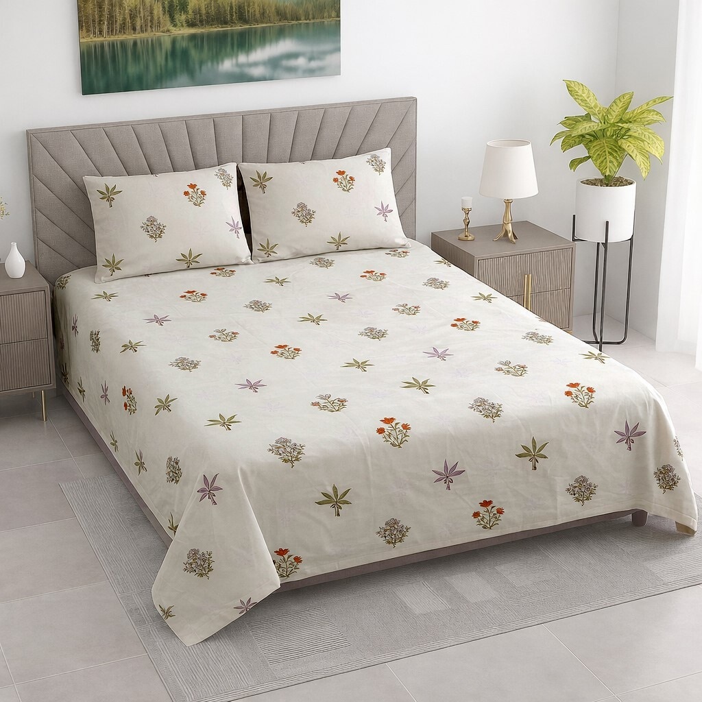 Ayan White Floral 400 TC Cotton Flat Double Queen Size Bedsheet with 2 Pillow Covers – Threads