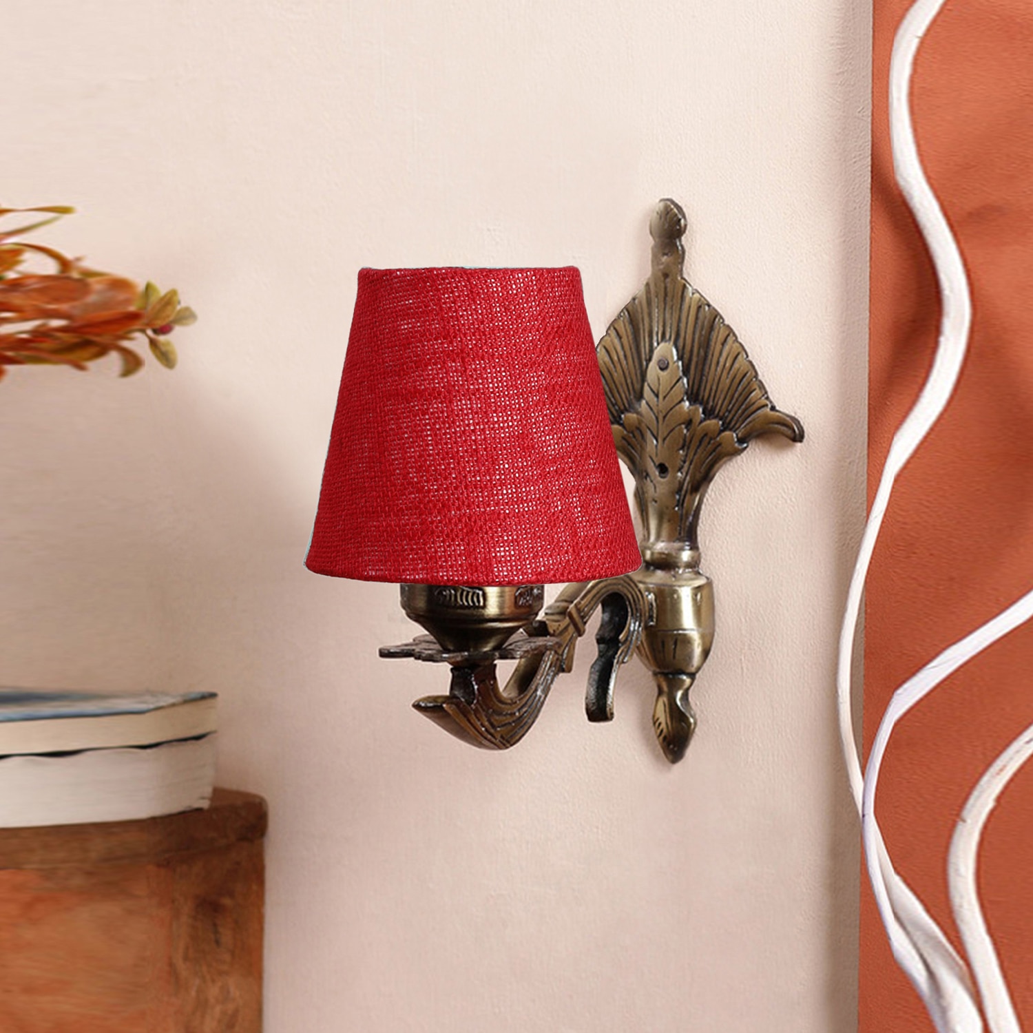 Devansh Metal Electric Wall Light in Antique Gold Colour with Maroon Shade Count of 1 Light - Devansh
