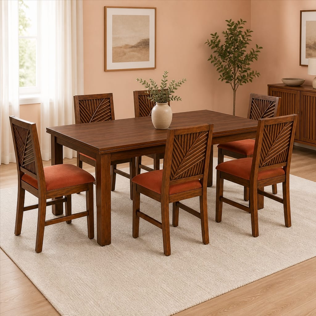 Globally Indian Celeste Solid Sheesham Wood 6 Seater Dining Table Set 6 Chairs Terracotta Orange