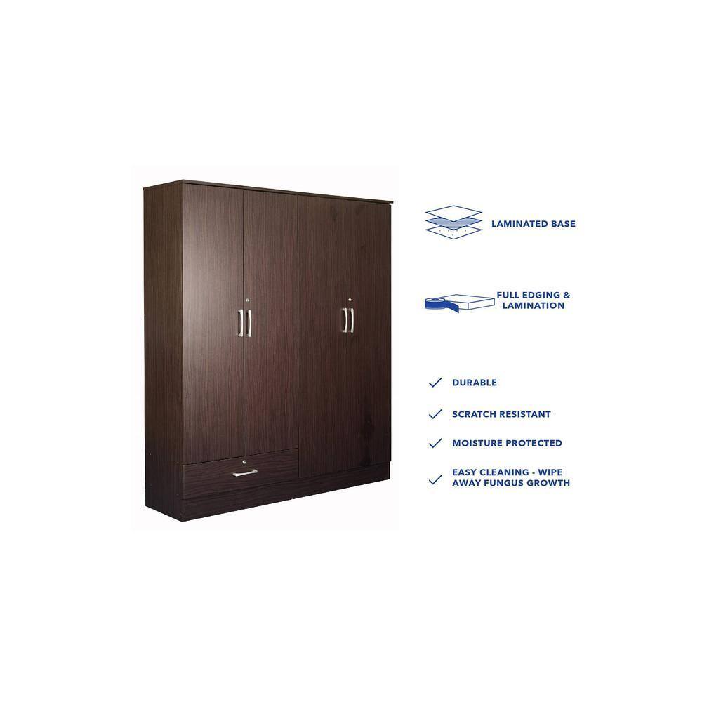 Housen Engineered Wood 4 Door Wardrobe in Walnut Finish