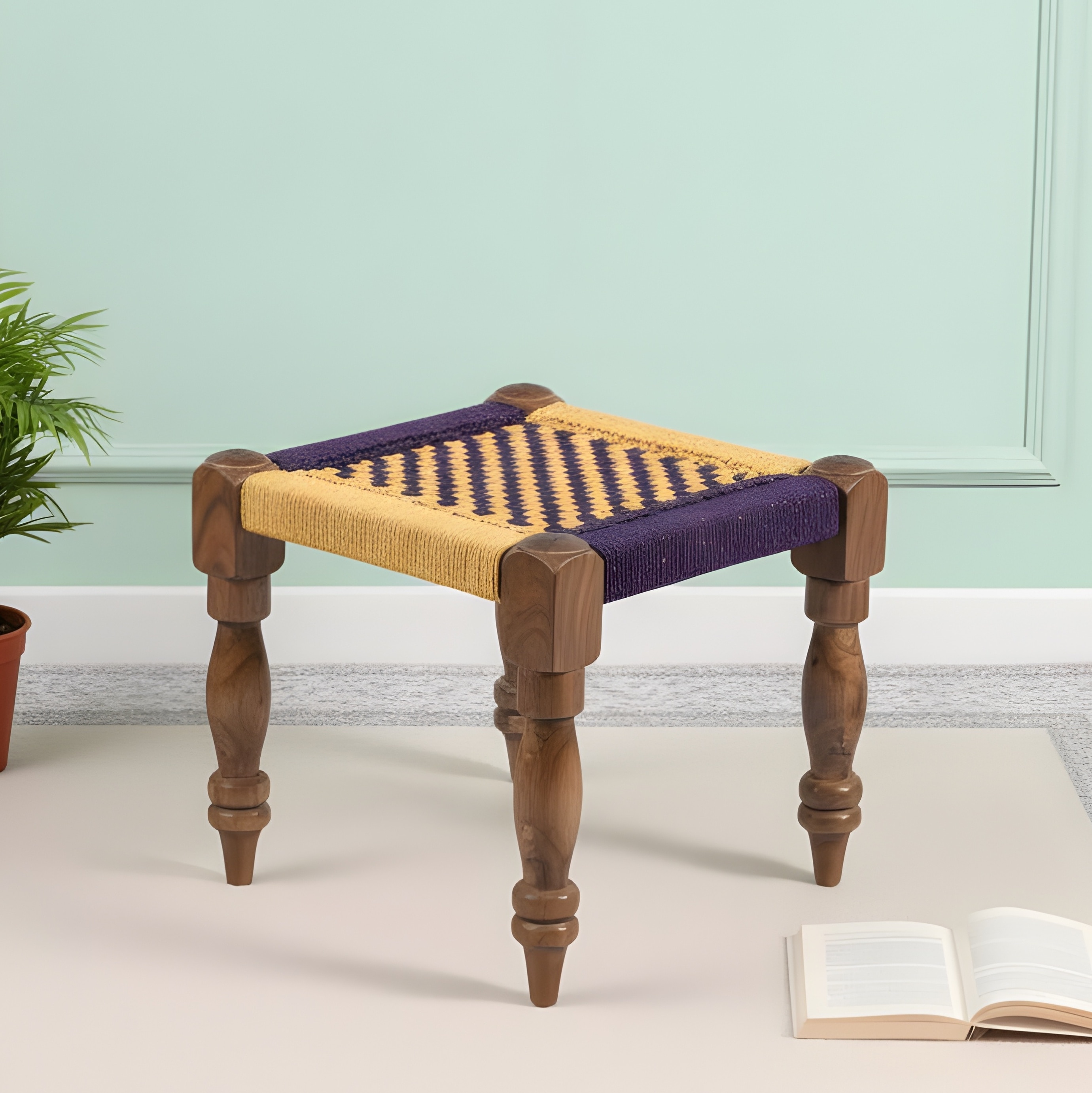 Riaza Solid Wood Maachi Stool in Purple & Yellow Canning - Ikiriya