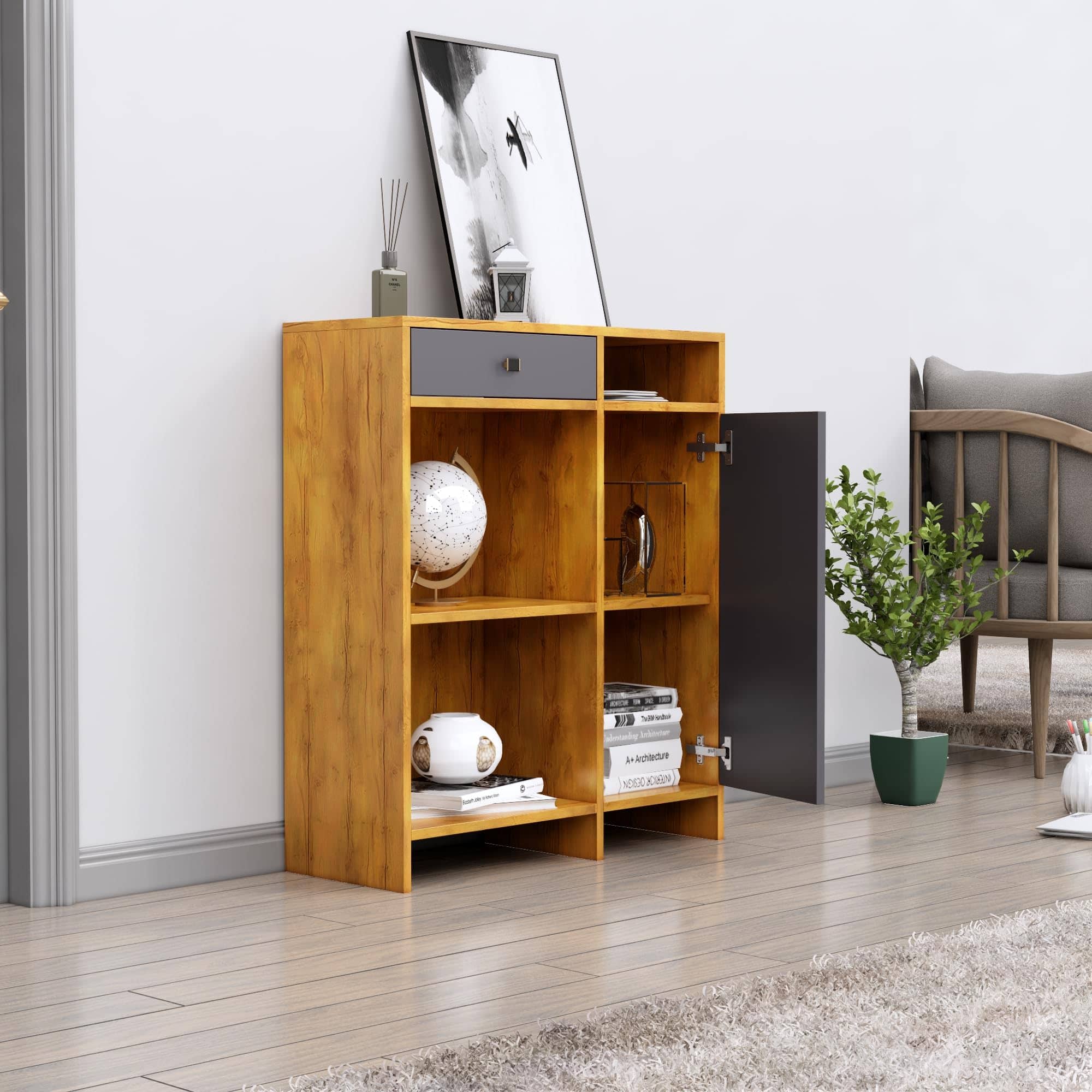 Hexa Red Multipurpose Storage Cabinet With 1 Drawer 1 Door in Giant Wood And Slate Grey Colour - HexaRed