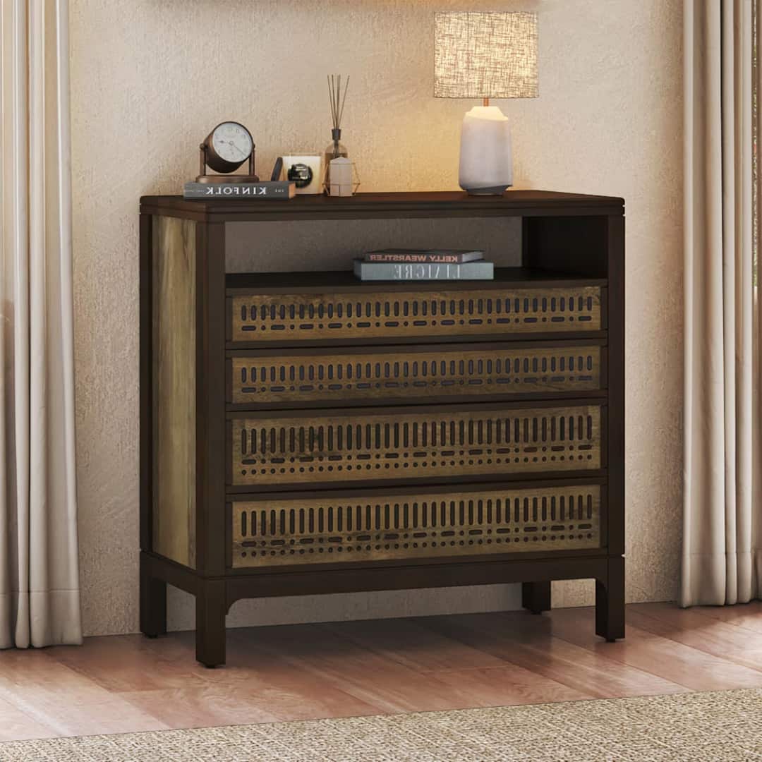 Masai Solid Wood Chest Of Drawers In American Walnut Finish With 2 Tone Finish