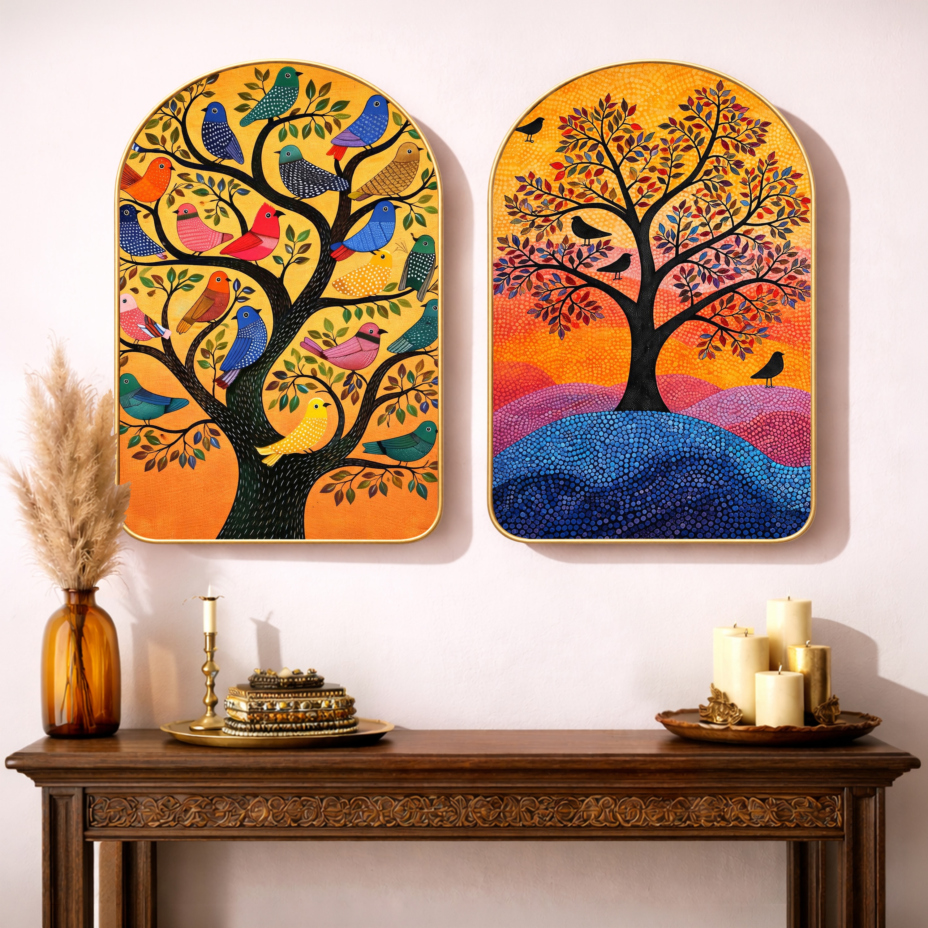 Warli Village Life Wall Art Painting Set of 2 with Gold Frame 16 x 24 Inch - Art Street
