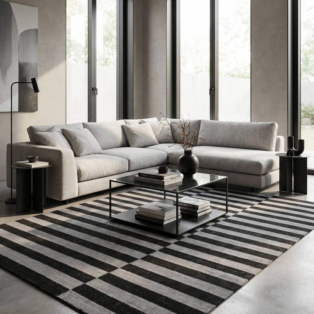 Jaipur Rugs Striped Wool 5x8 Feet Charcoal Slate And Ebony Dhurrie Carpet