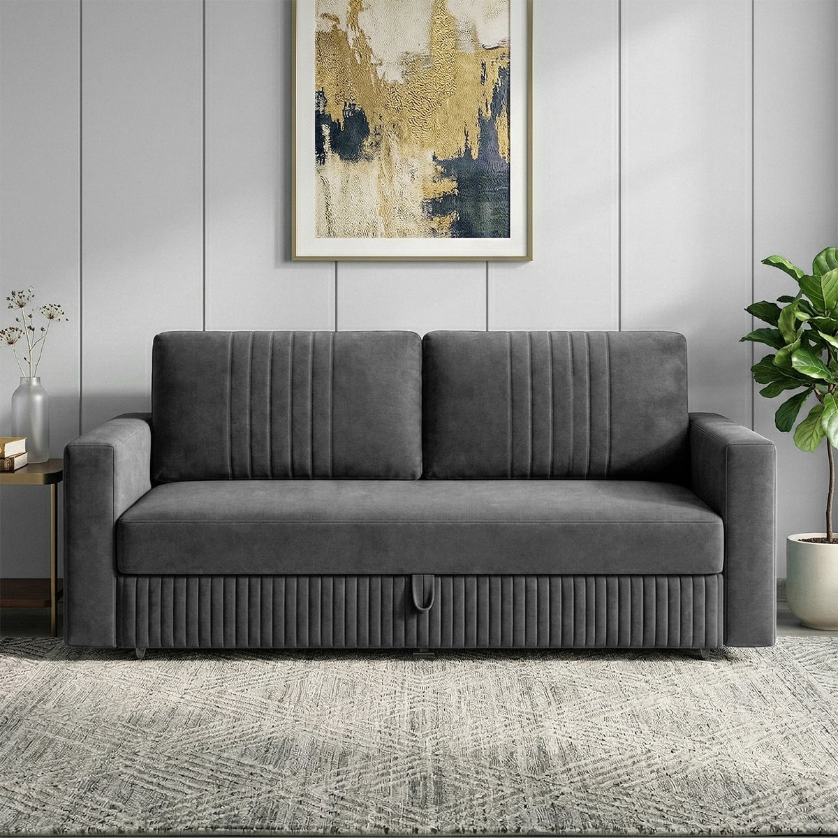 Alfon 3 Seater Velvet Pull Out Sofa Cum Bed with Storage In Dark Grey - Home Lifestylez