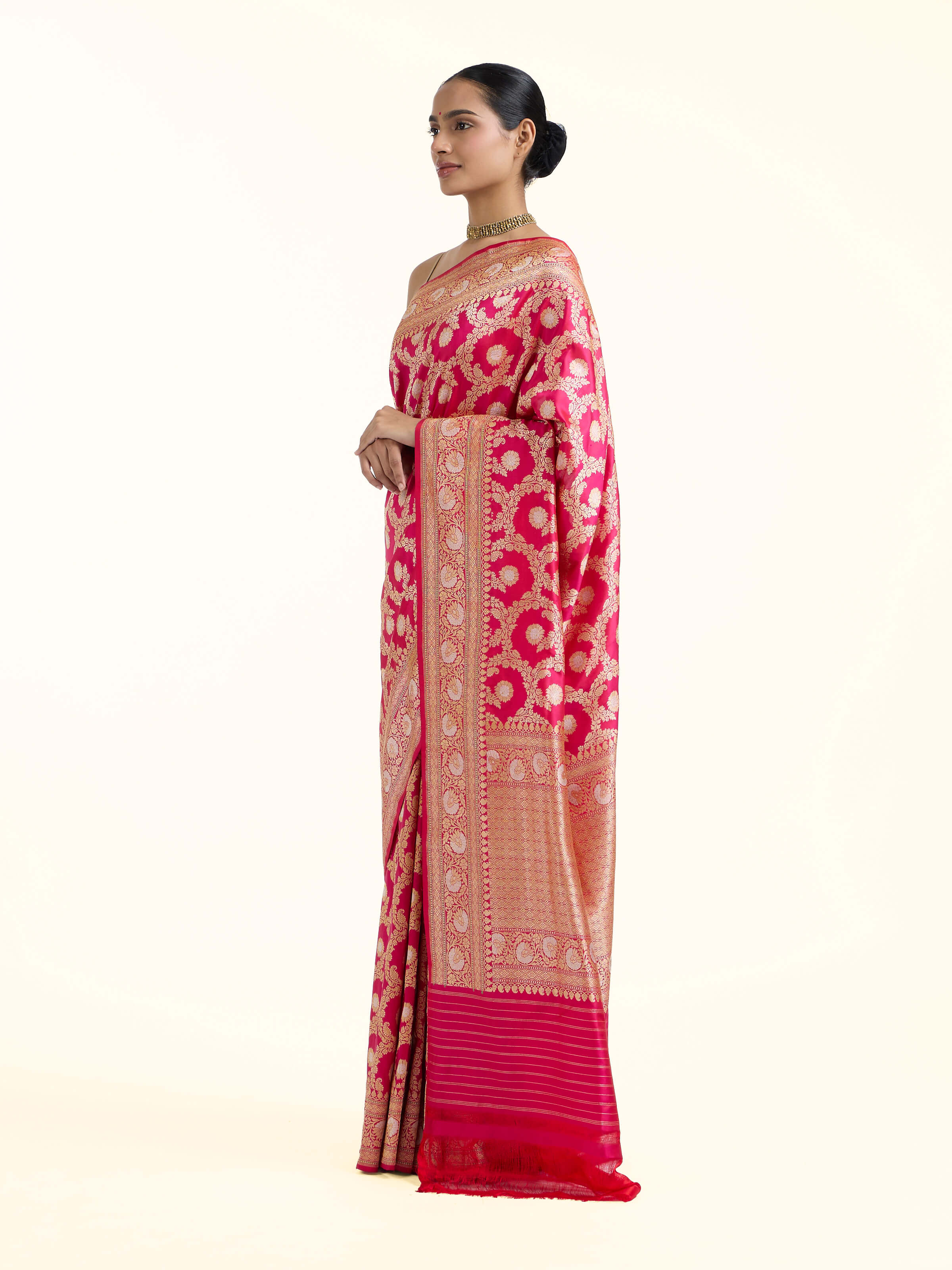 side view of pink banarasi kadhwa silk saree drape