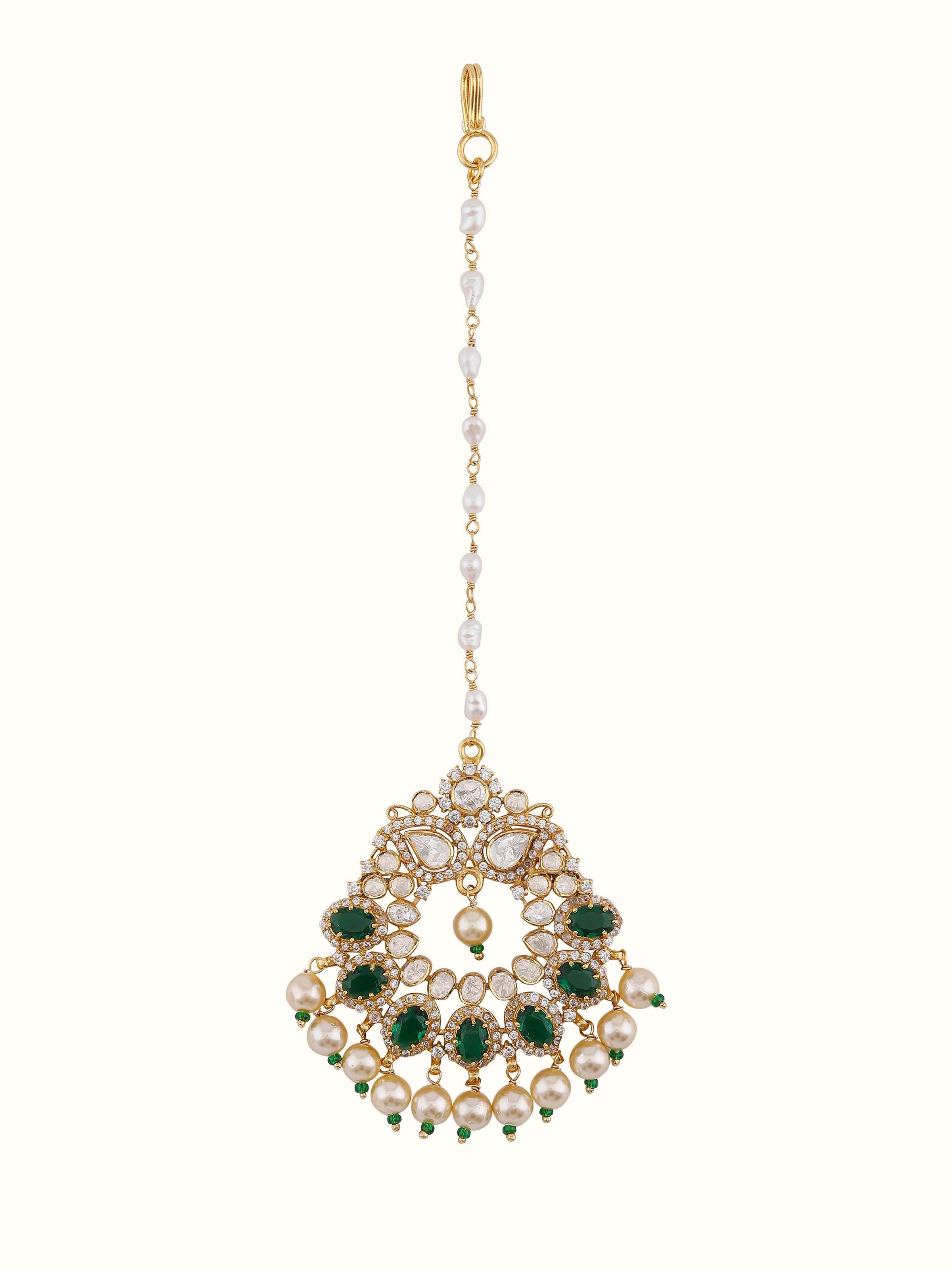 Front view of dank polki silver maang tika