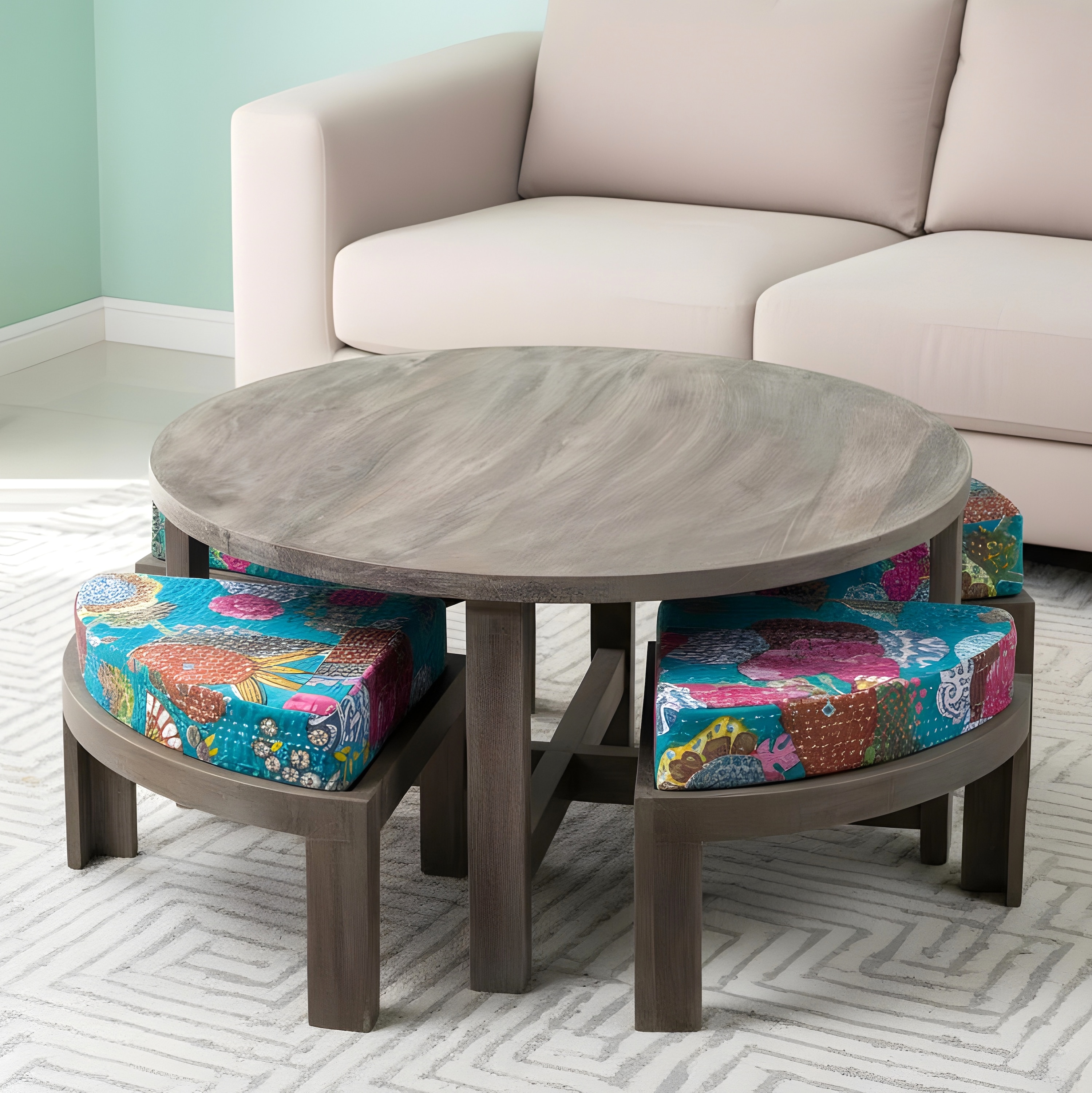Nashville Sheesham Wood 4 Seater Coffee Table Set In Antique Grey Finish Floral Print Green Kantha Cushion