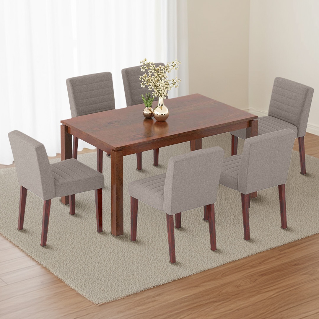 Atlas Solid Wood 6 Seater Compact Dining Table With Ludo Upholstered Dining Chairs