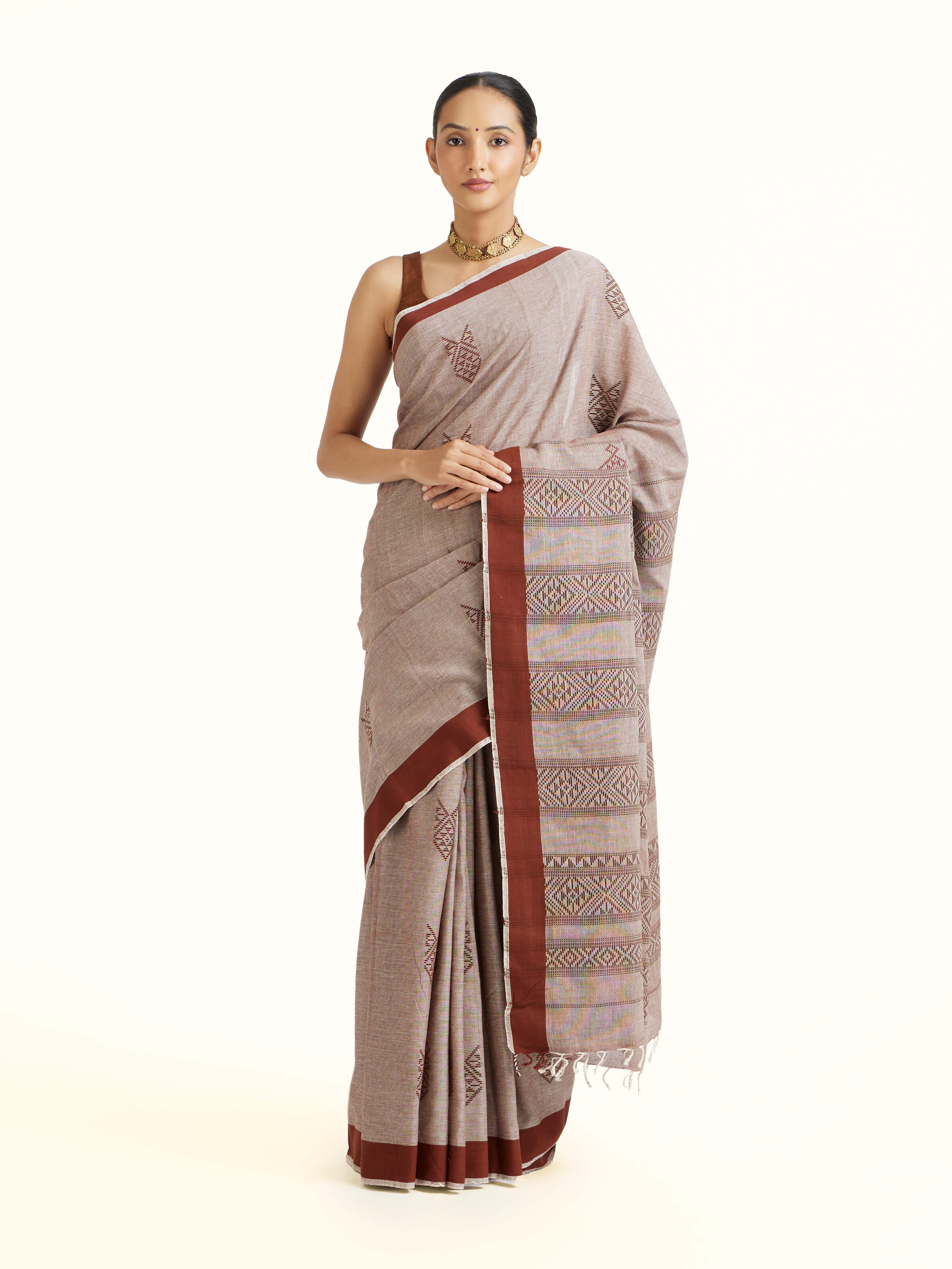Brown Cotton Extra-weft Saree