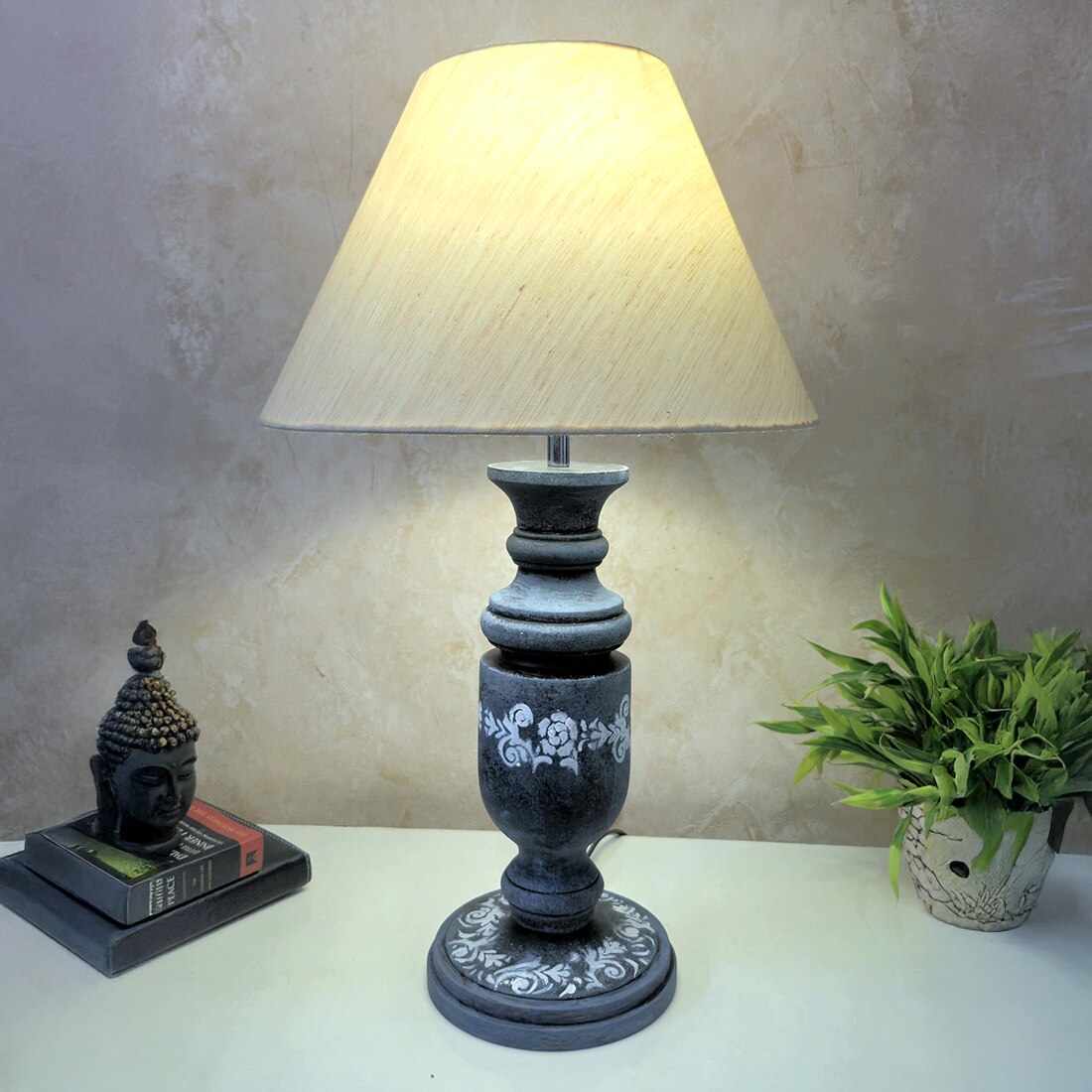 Pillar Stone Grey Beige Wooden Table Lamp in Grey