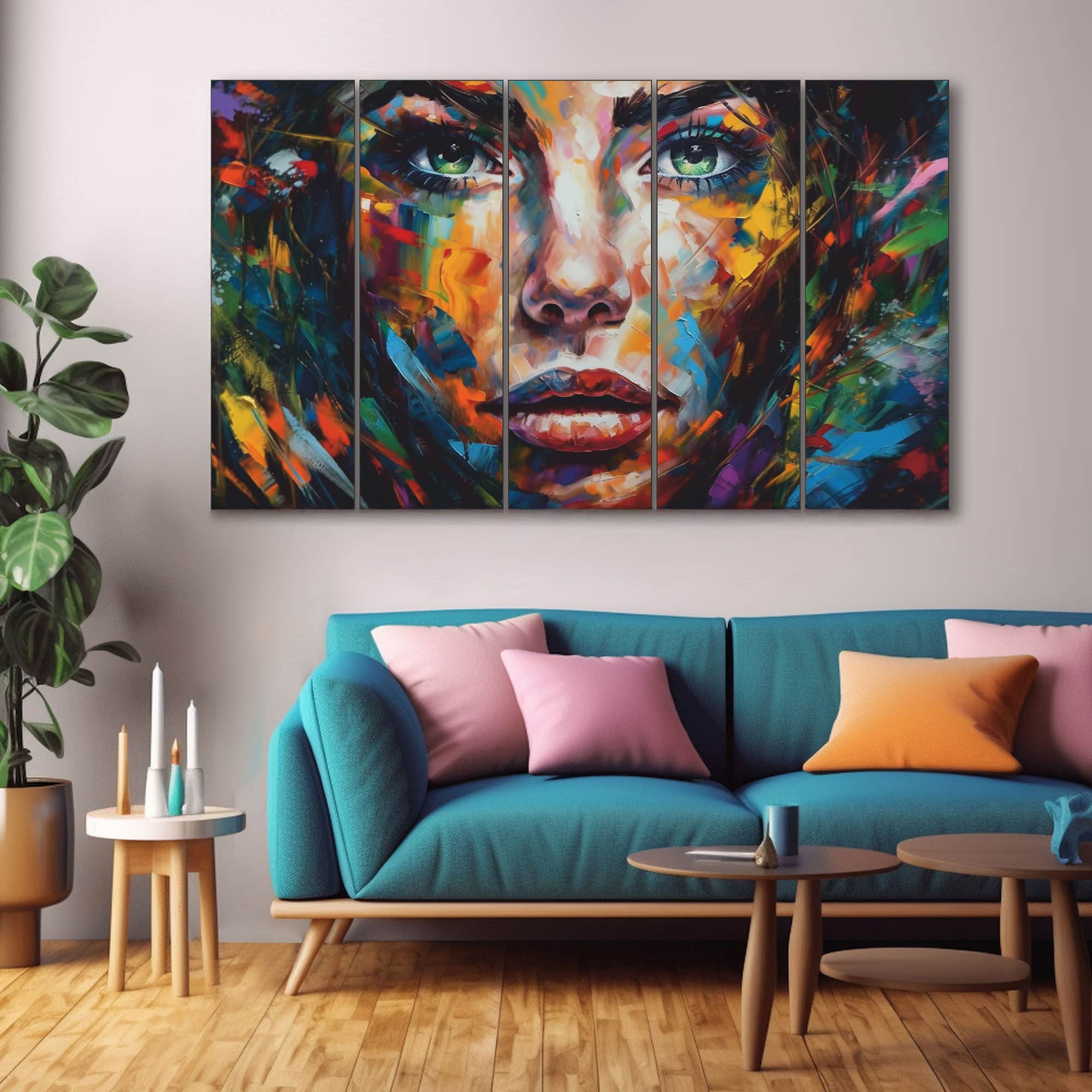 The Castle Decor Multicolour Woman Face Abstract Wall Art Set of 5 27x48 Inch - The Castle Decor