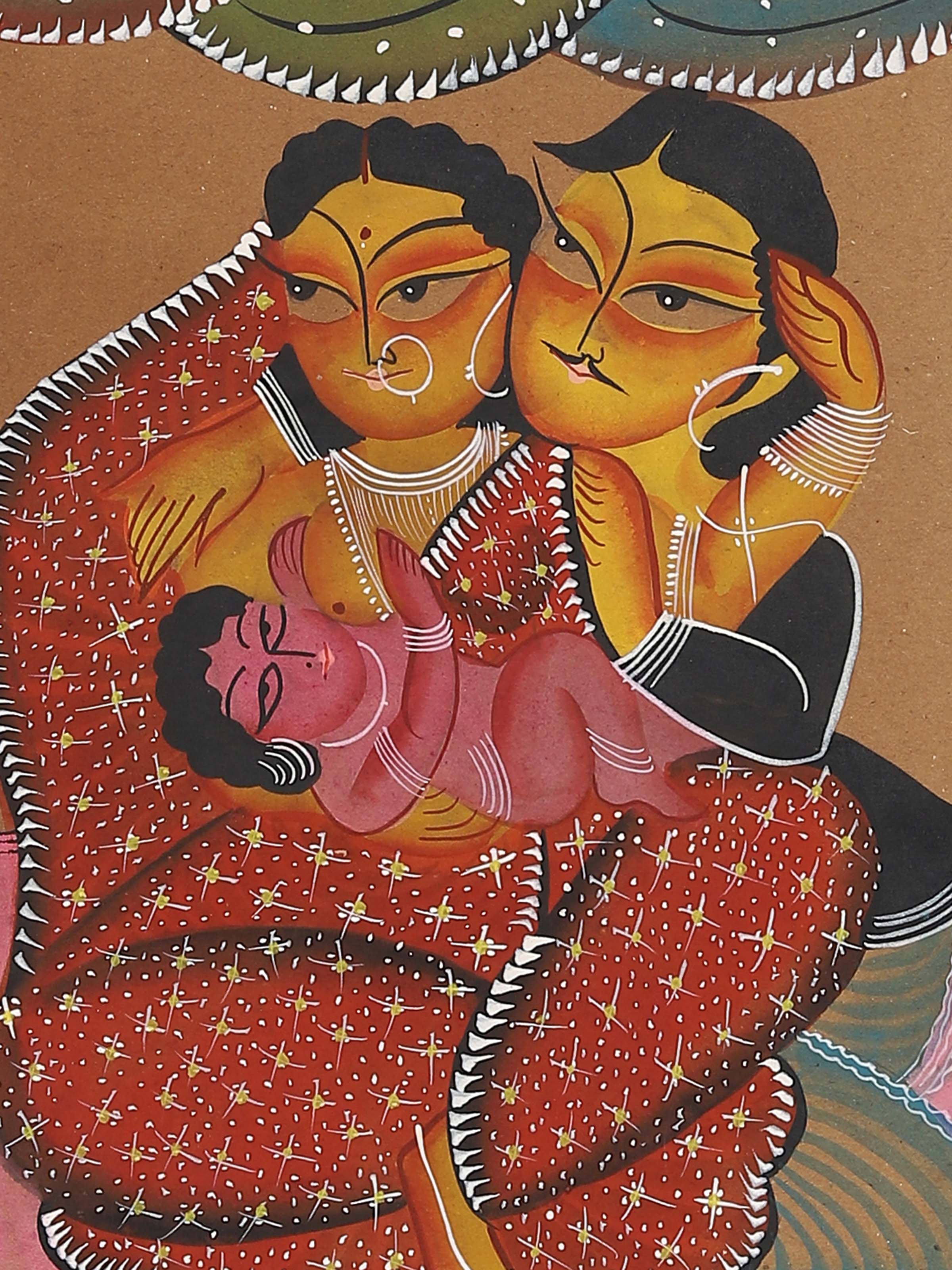 Detail shot of Babu culture Kalighat painting showing intricate artwork