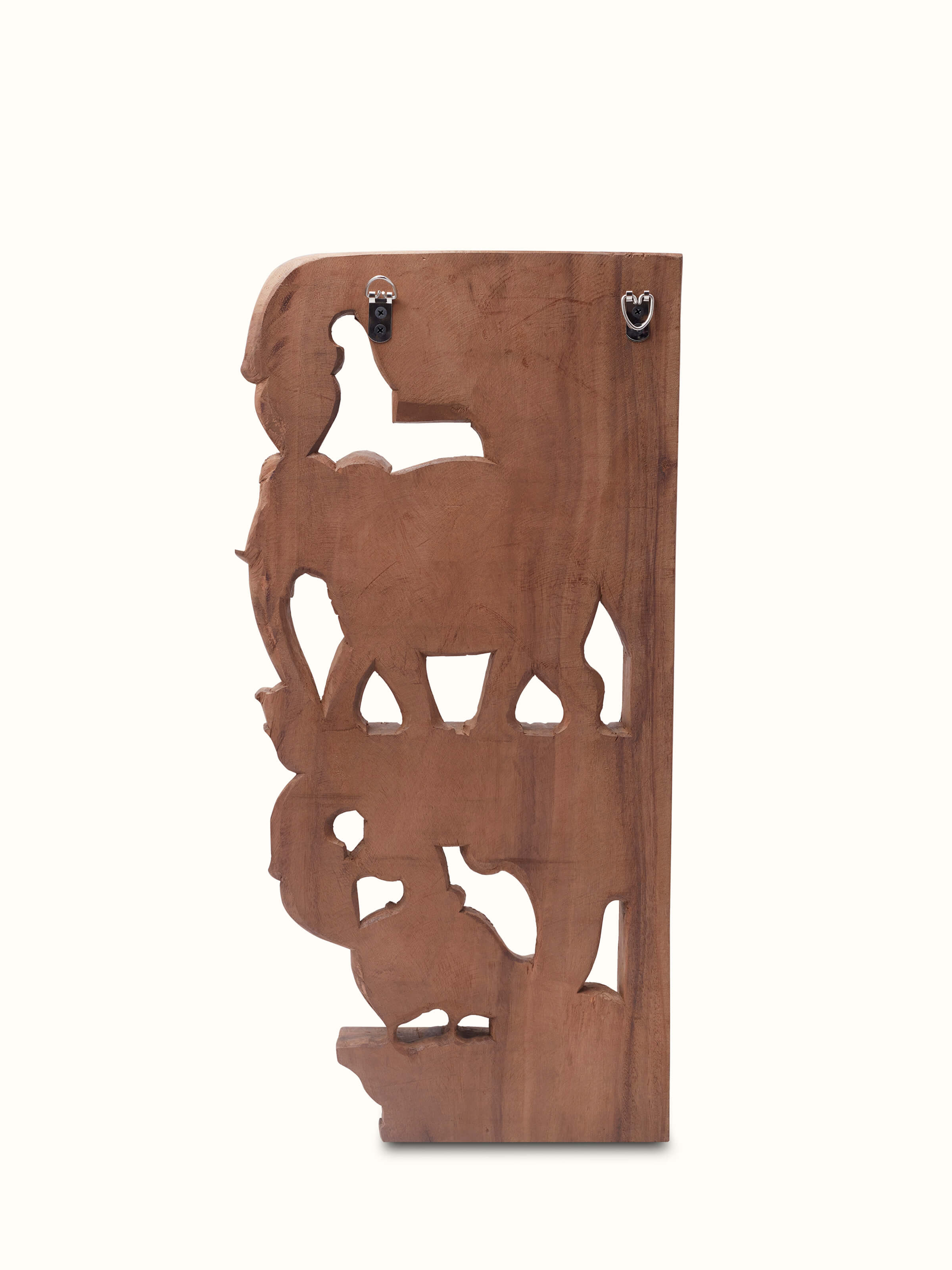 Back view of Bapatla Carved Neem Wood Elephant Brackets Sculpture (2 pcs) emphasizing the back carving and overall structure.