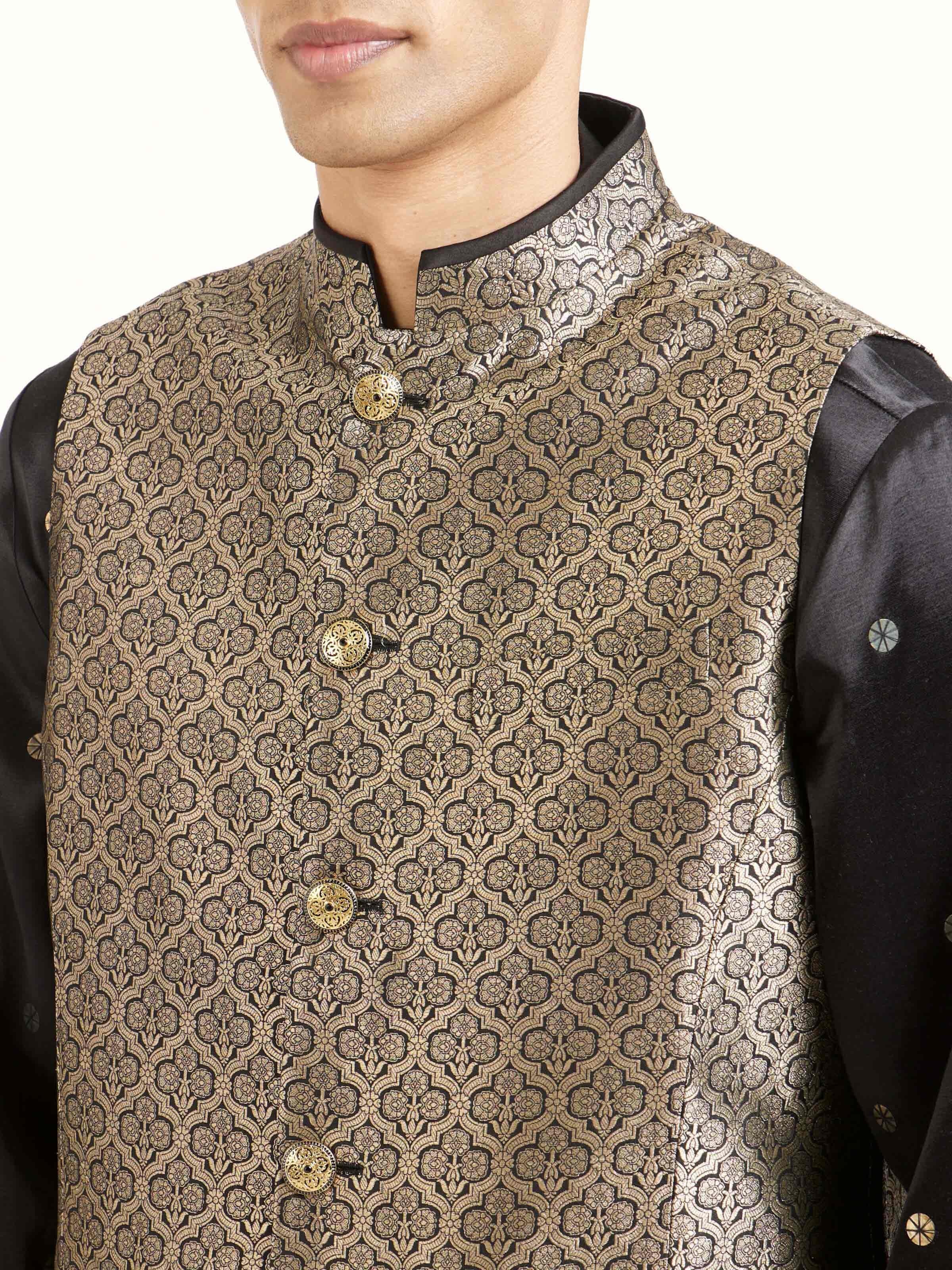 Detail view of black silk Banarasi sleeveless jacket showing silk texture