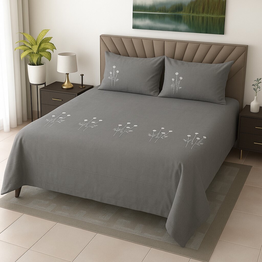 Plain Graphite Grey 350 TC Embroidery StiTChed Cotton Satin Flat Super King Bed Size Bedsheet With 2 Pilllow Covers  Threads