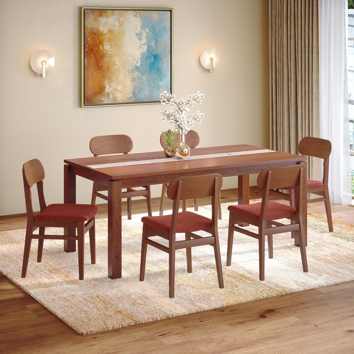 Atlas Crest Storage Solid Wood 6 Seater Dining Table With 6  Lunar Dining Chairs (Finish : Honey, Chair Colour : Dark Coral)