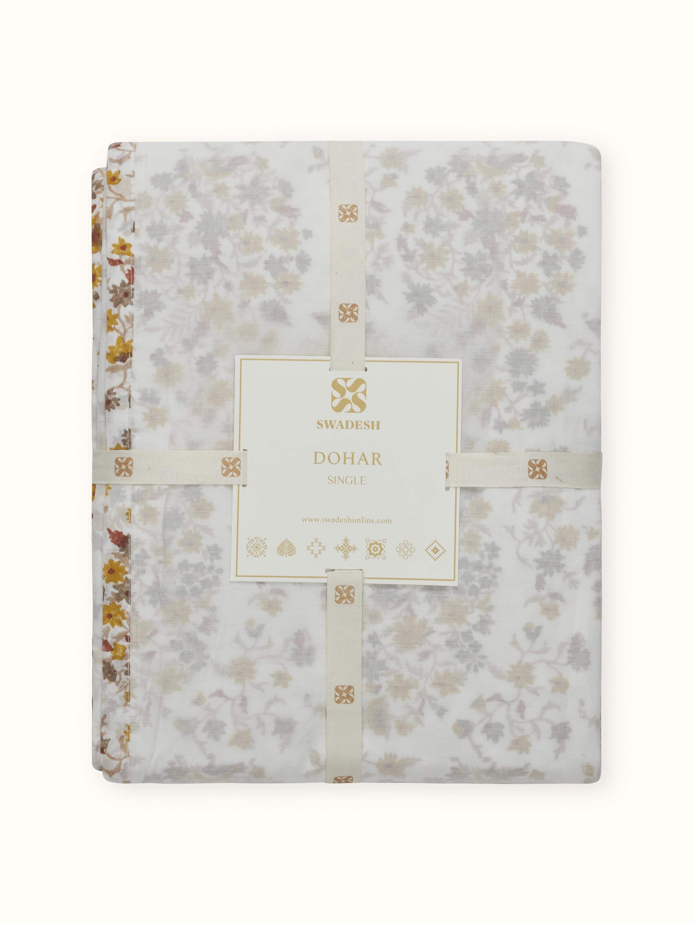 Back view showing full layout of red paisley cotton dohar with traditional Sanganeri print.