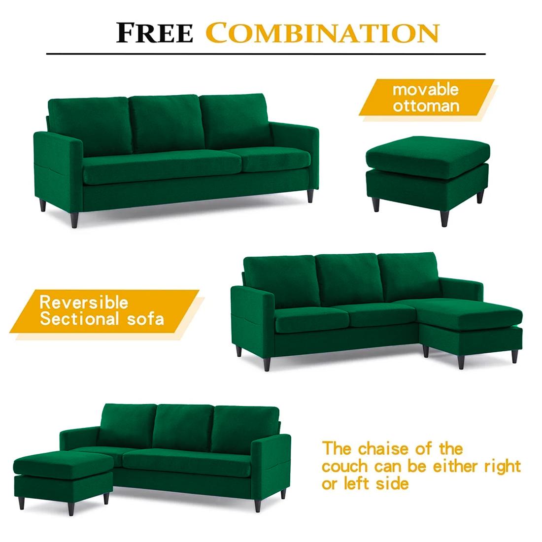 Monznij Sectional Fabric Sofa - Green
