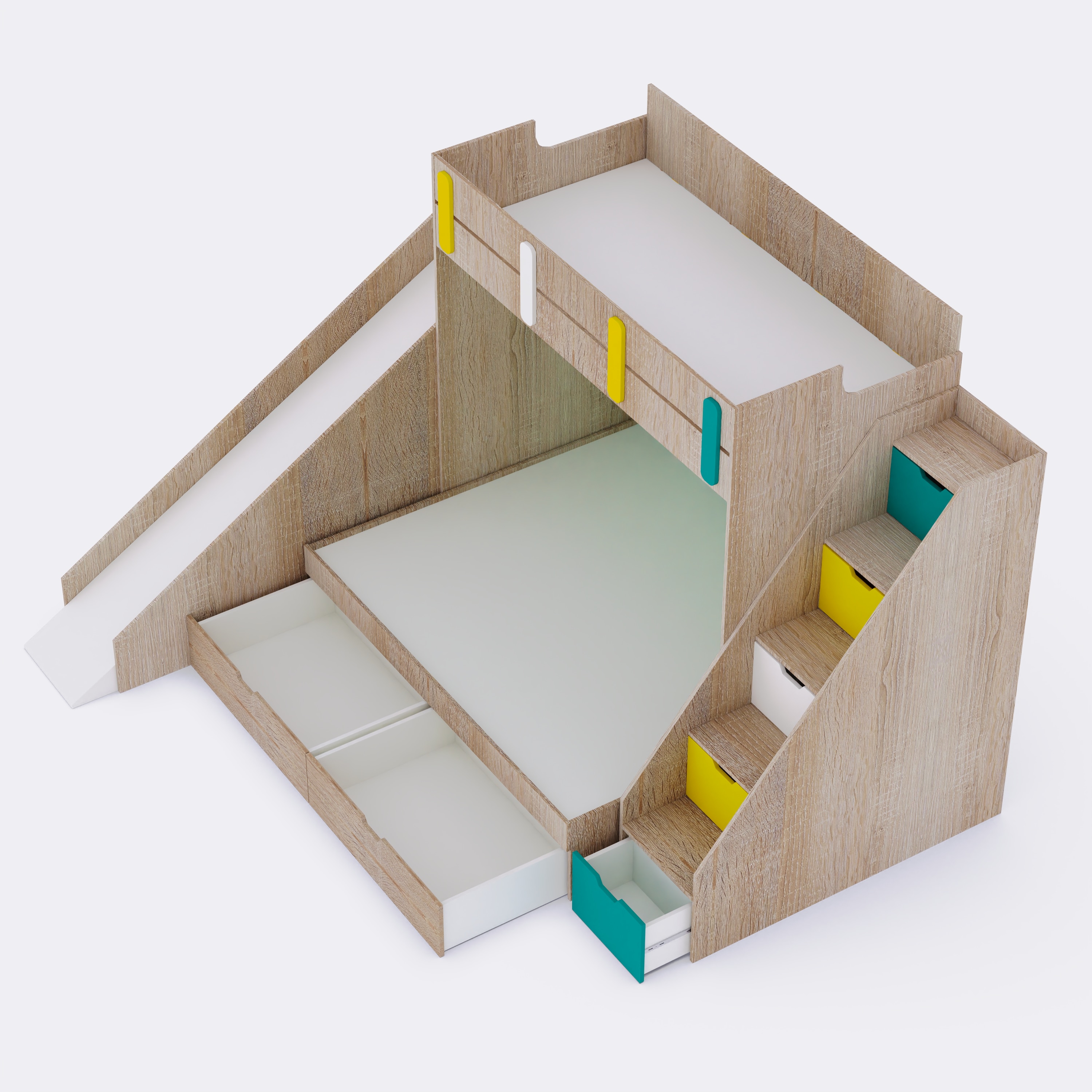 Sleep N SlideBunk Bed 6X5 Drawers On Wheels In Oak and Cyan Colour67