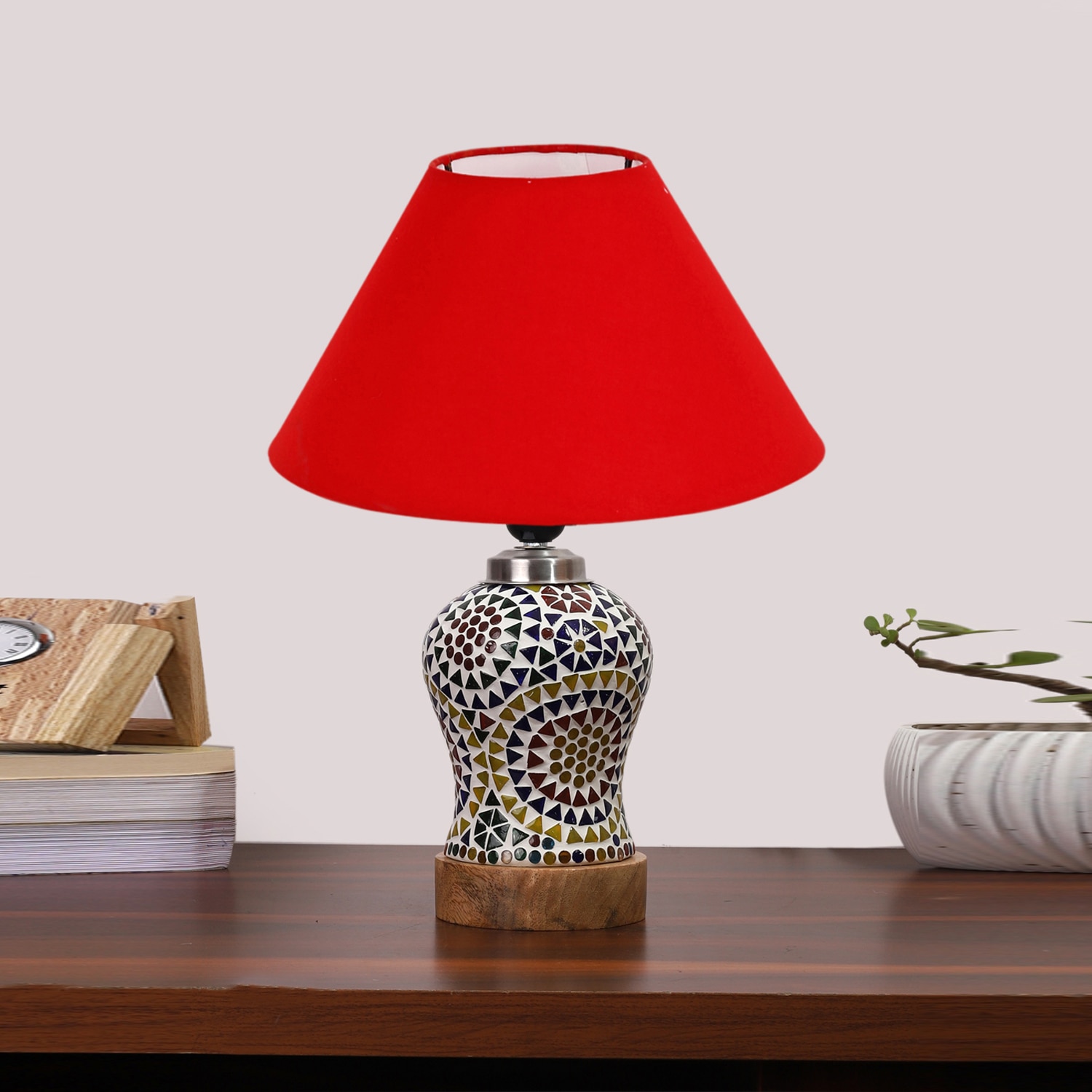 Devansh Conical Red Cotton Shade Lamp With Wood & Mosaic Glass Base For Decoration/Office/Home/Gifting/Study For Decoration/Office/Home/Gifting/Study -(10X10X14.5) Inches -A - Devansh