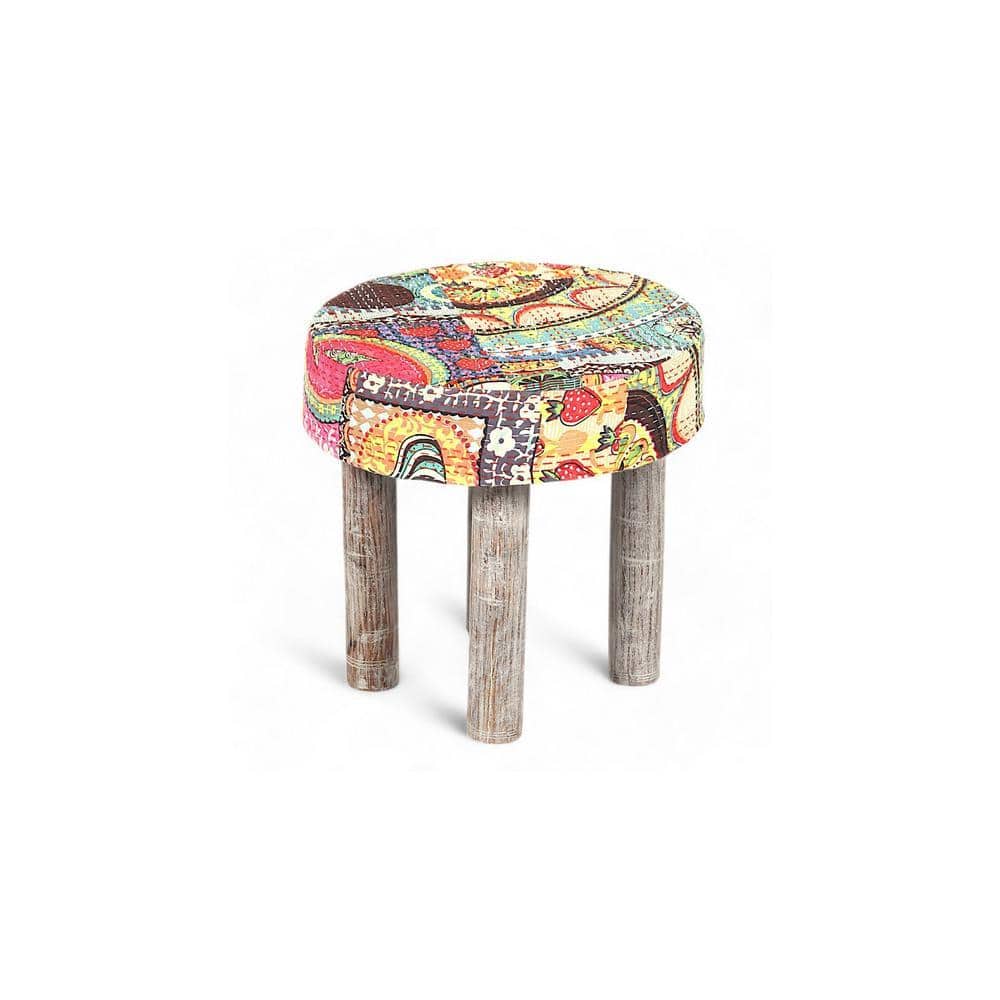 Kingsville Solid Wood Stool in Multi Colour Israel Print Kantha fabric