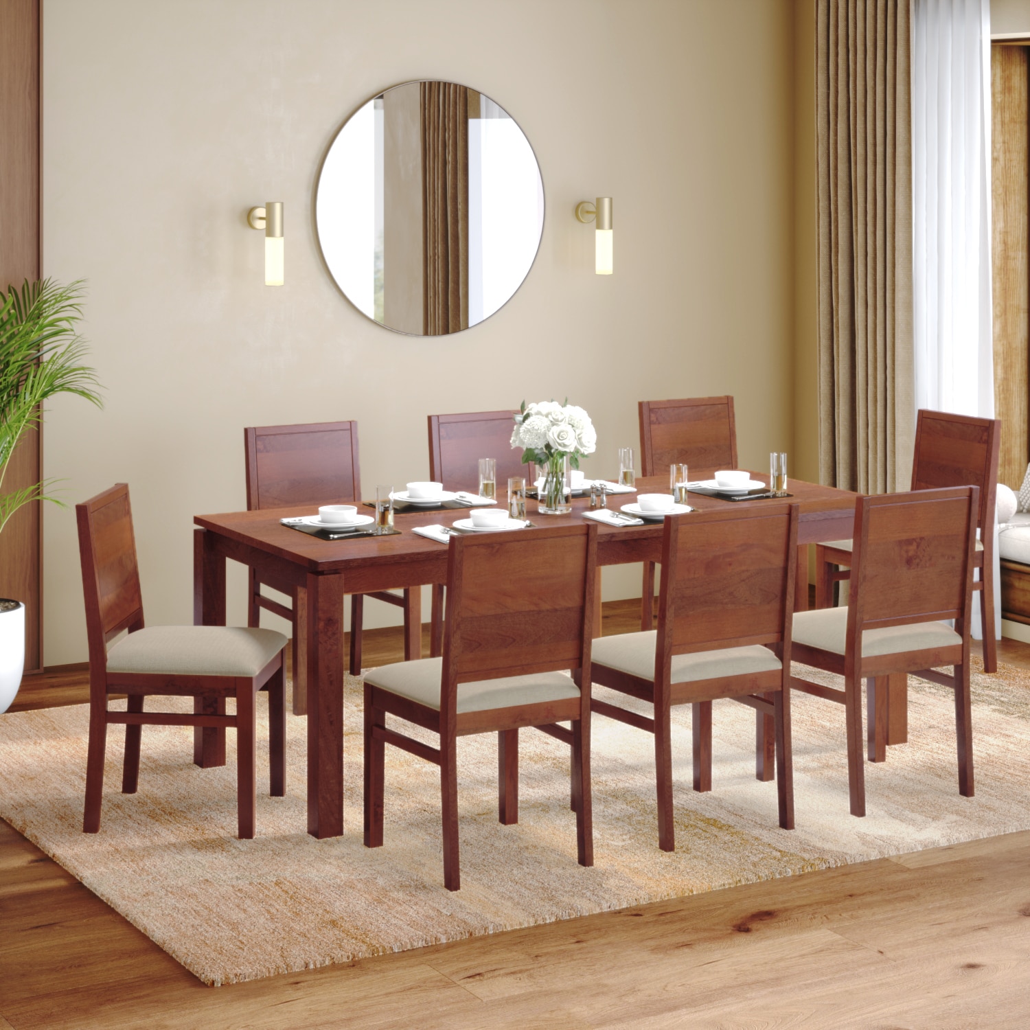 Atlas Solid Wood 8 Seater Storage Dining Table With 8 Atlas Wooden Seat Dining Chairs (Finish: Honey) - Urban Ladder