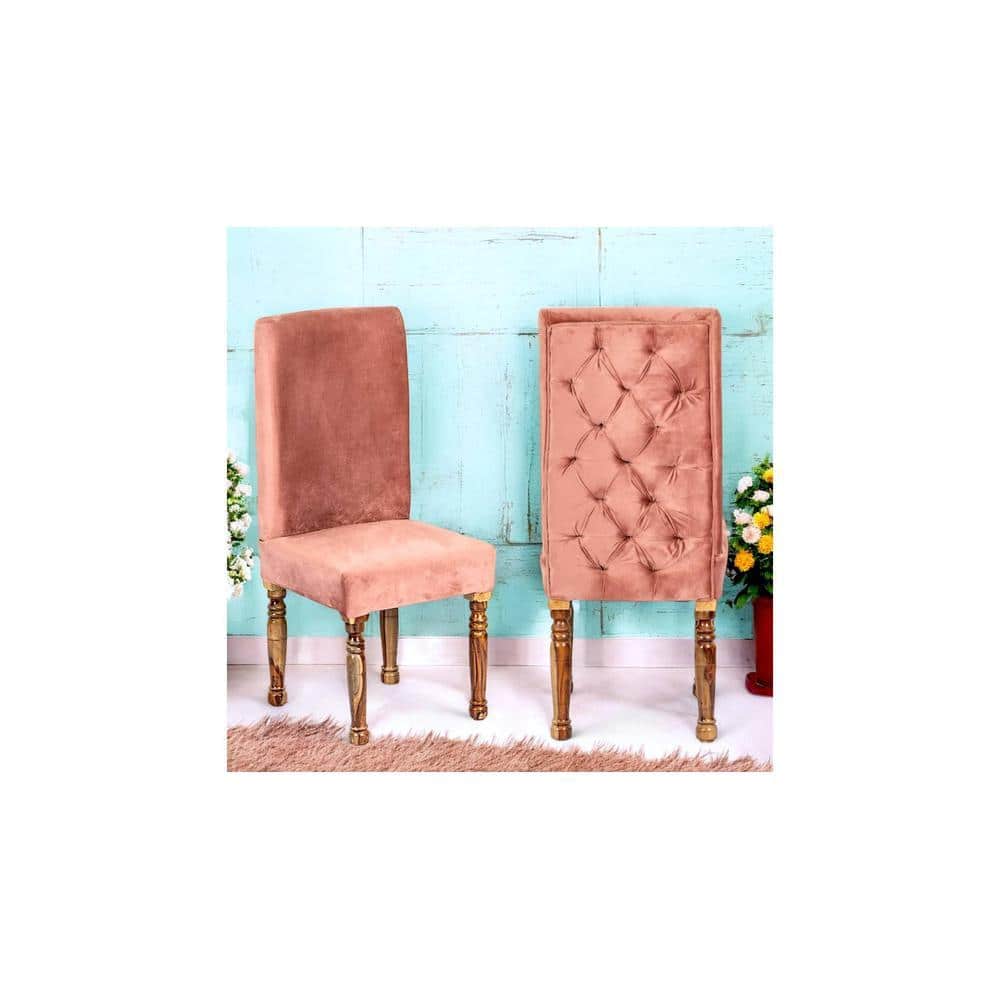 Rosslyn wood Accent Set of 2 Dining Chairs in Coral Pink Velvet Upholstery with TEAK FINISH